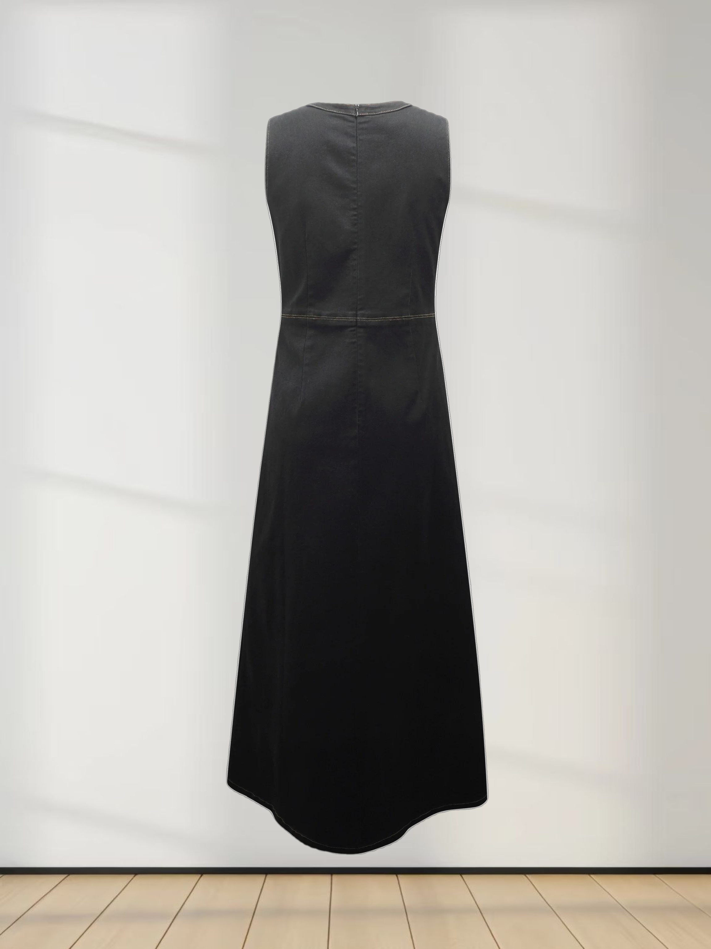 High Waisted V Neck Denim Jumper-Black