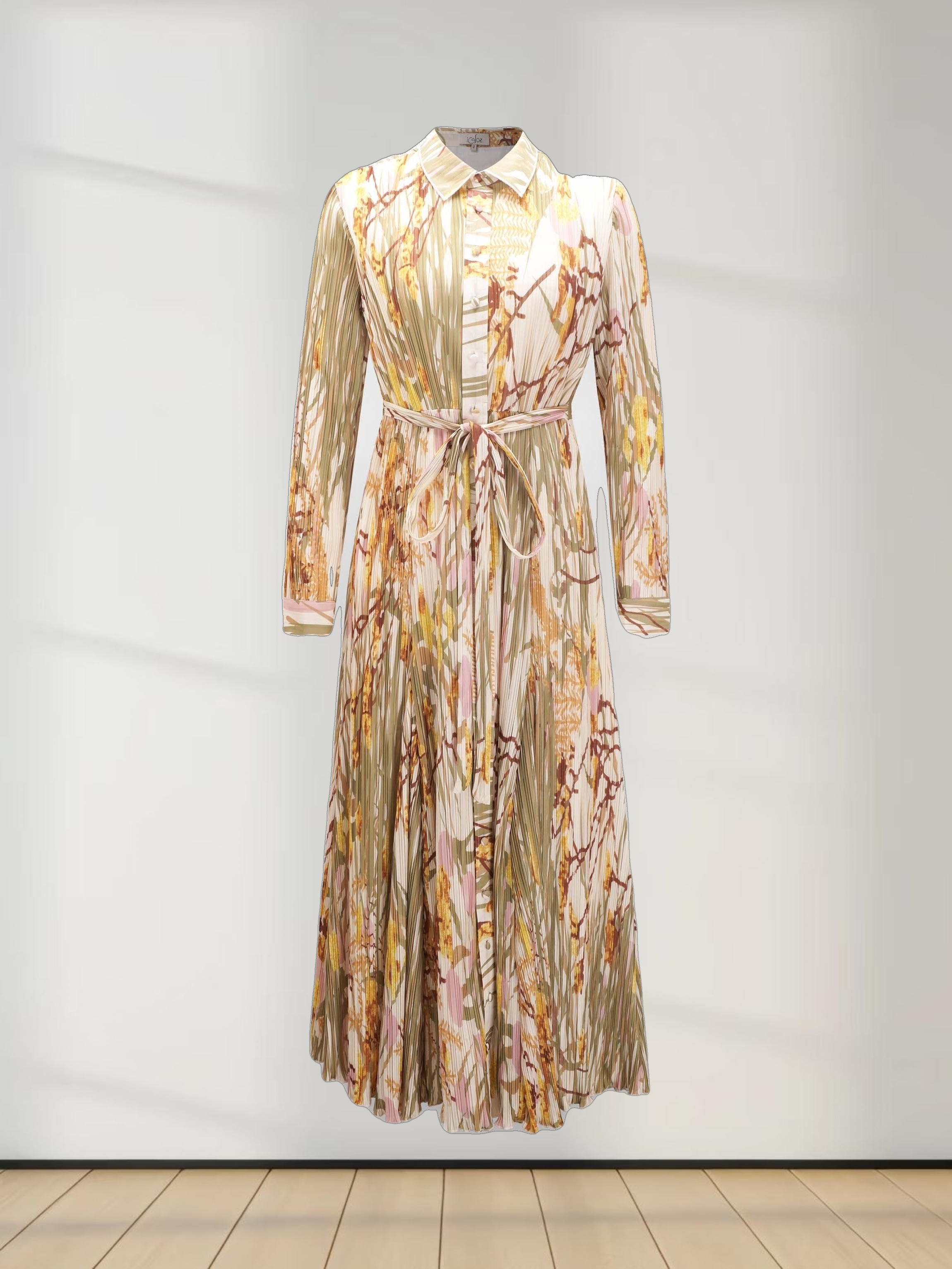 Micro Pleats Princess Style Dress-Pastel Floral