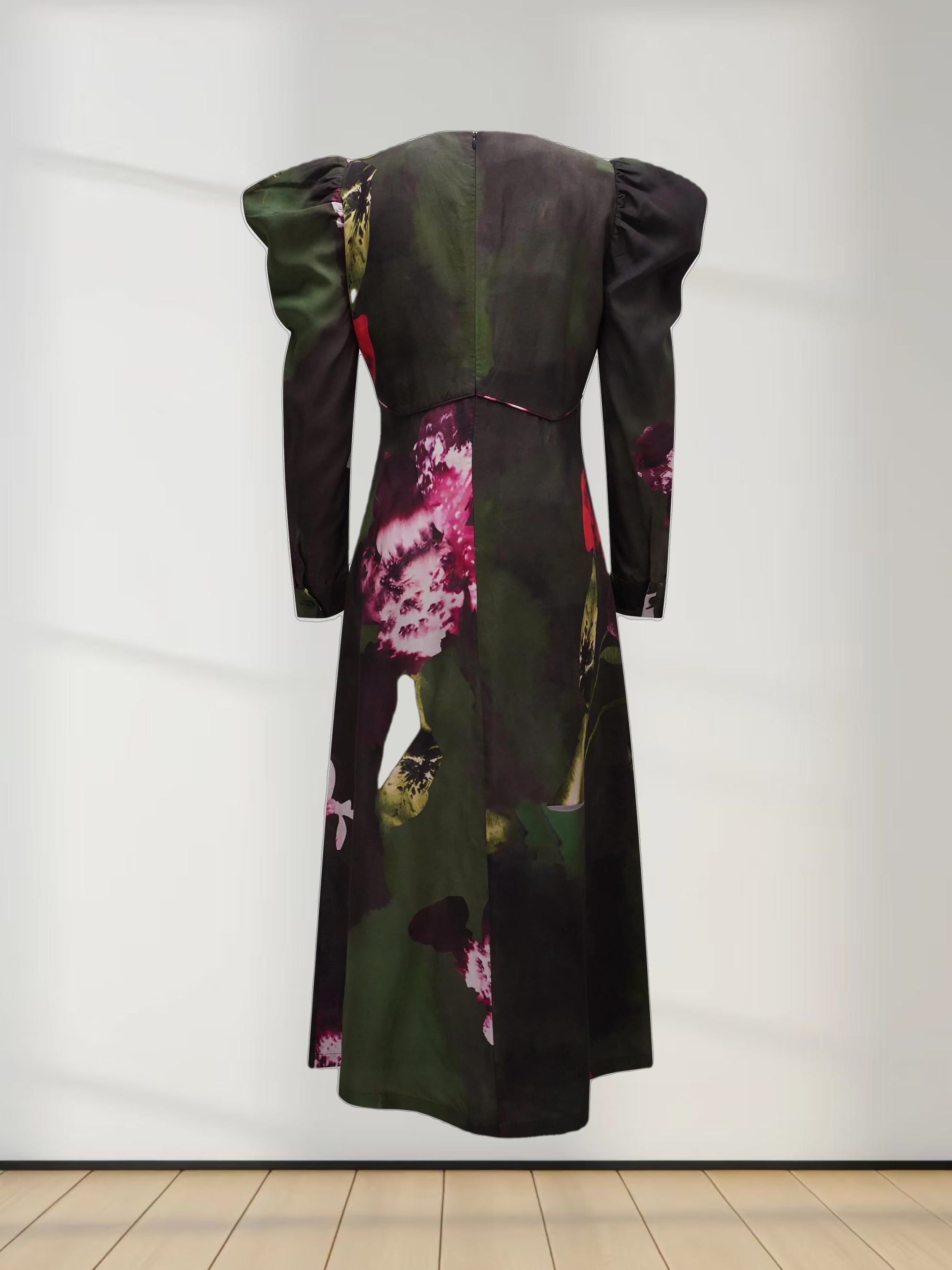 Empire Waist Puff Sleeve Dress-Green Forest