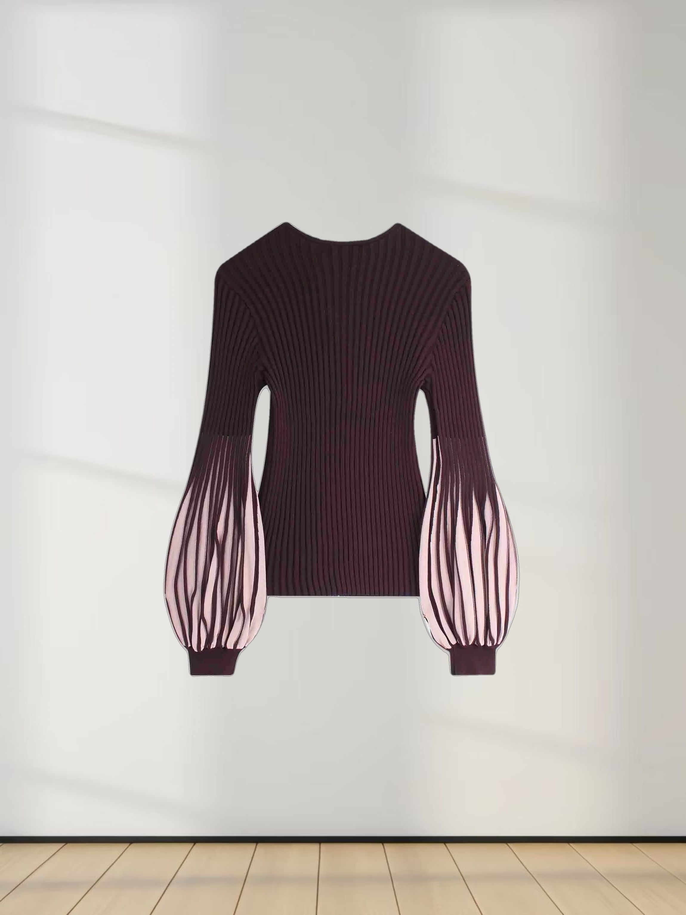 Balloon Sleeve Sweater-Maroon/Pink