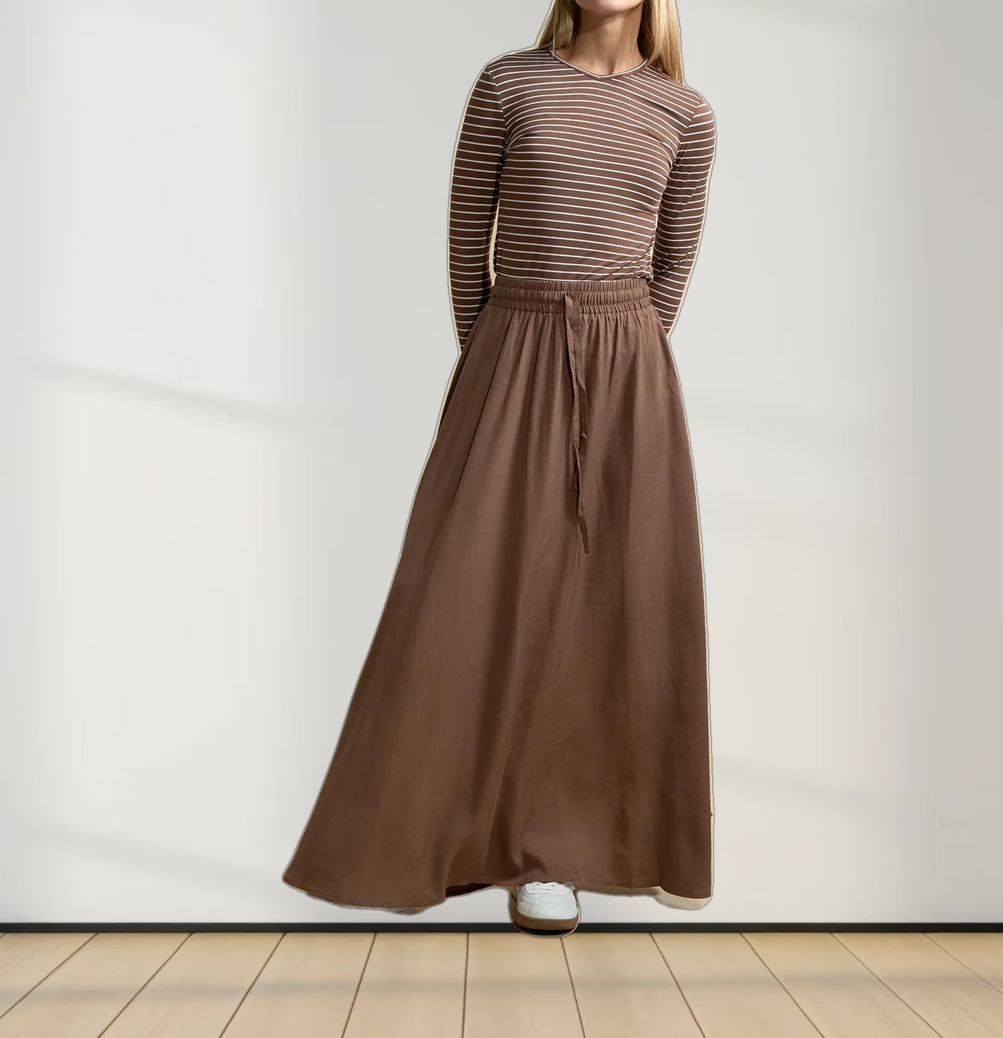Drawstring Circle Skirt-Brown