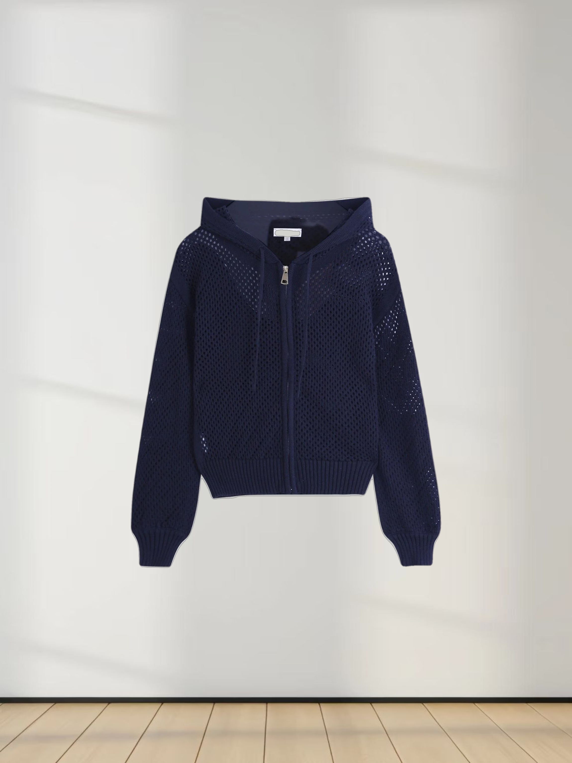 Zip Up Crochet Hoodie-Navy
