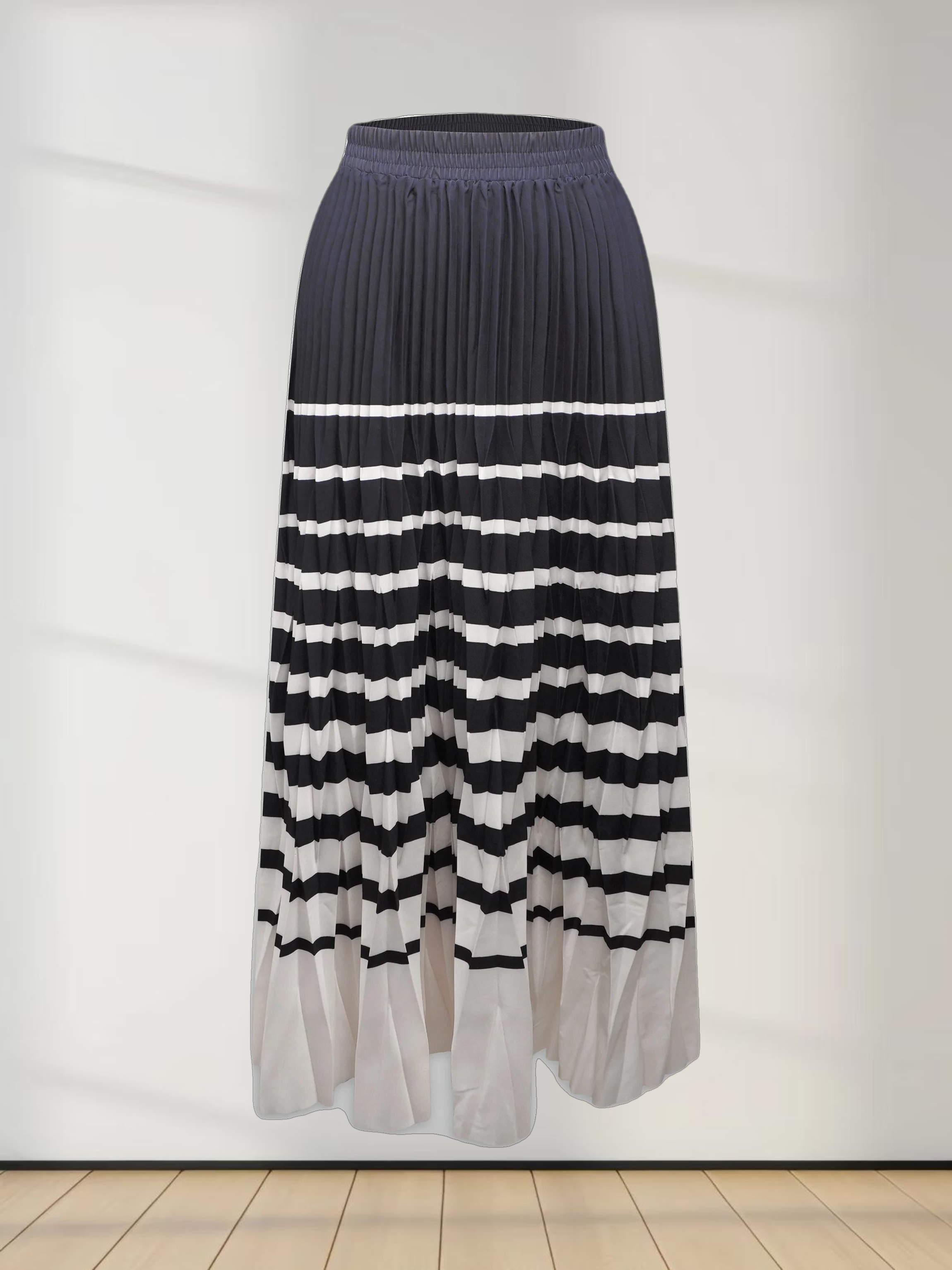 Mix Pleat Striped Skirt-Navy/Cream