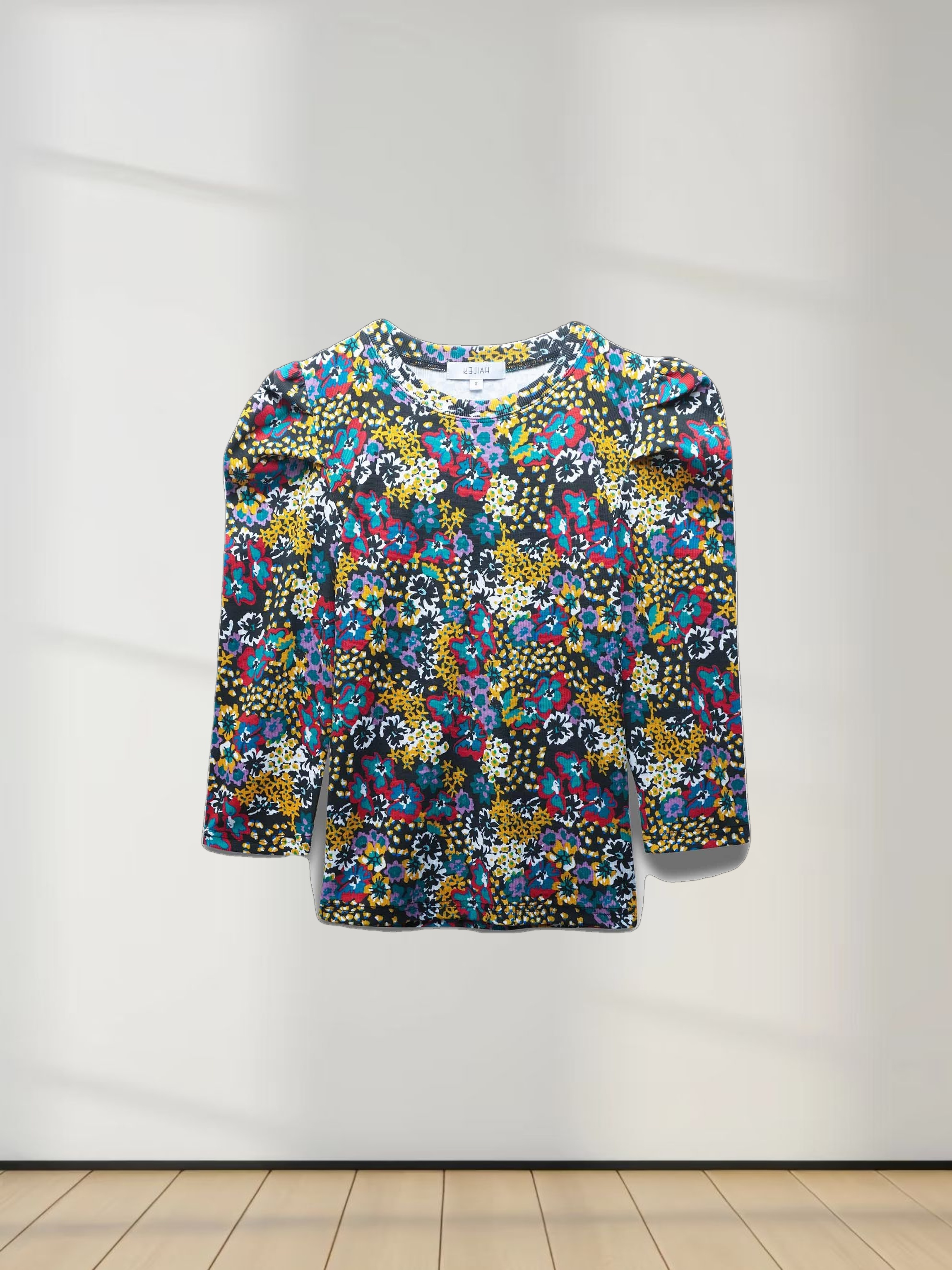 Ribbed Crew Neck Puff Sleeve Top-Colored Floral