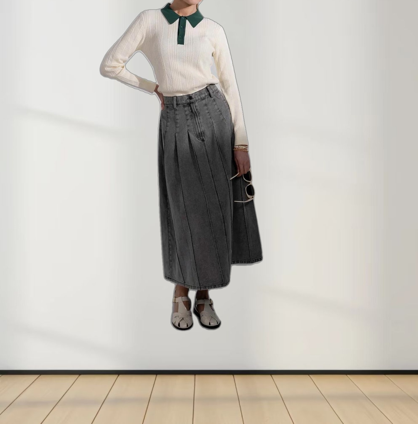 Knit Detail Collar Sweater-Cream/Green