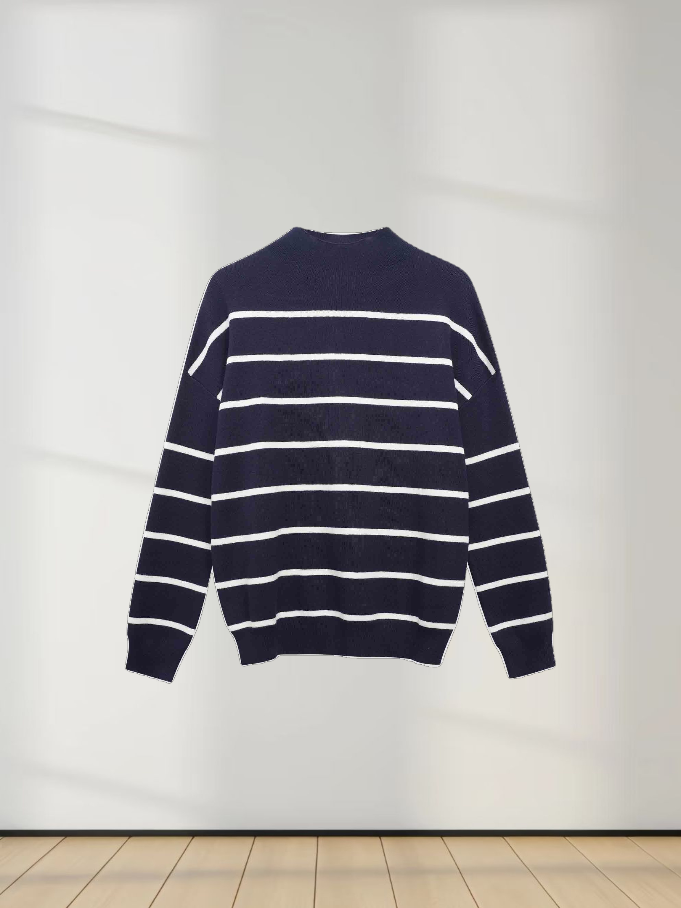 Mock Neck Thin Knit Sweater-Navy/Cream