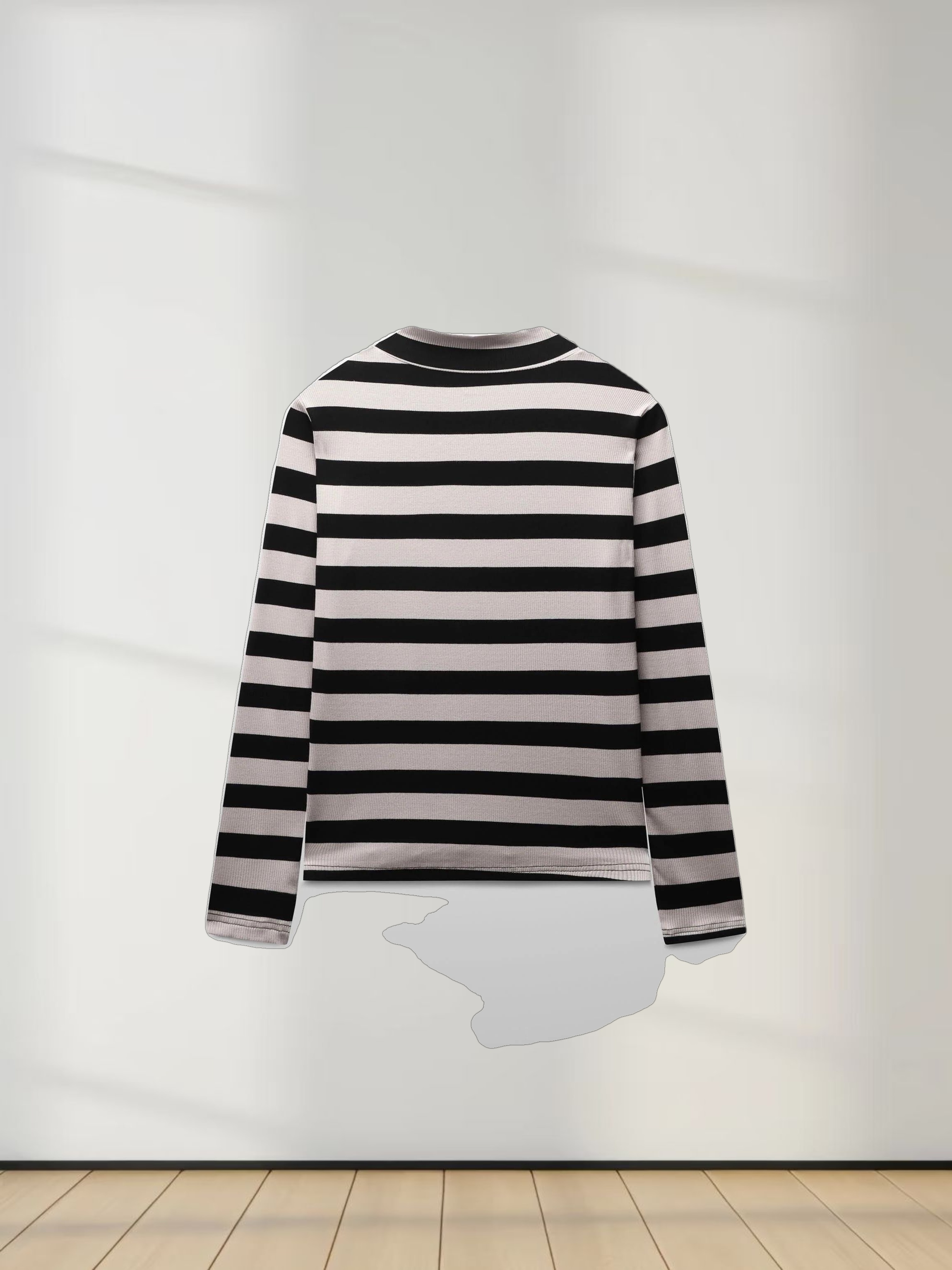 Striped Ribbed Turtleneck-Black/Cream