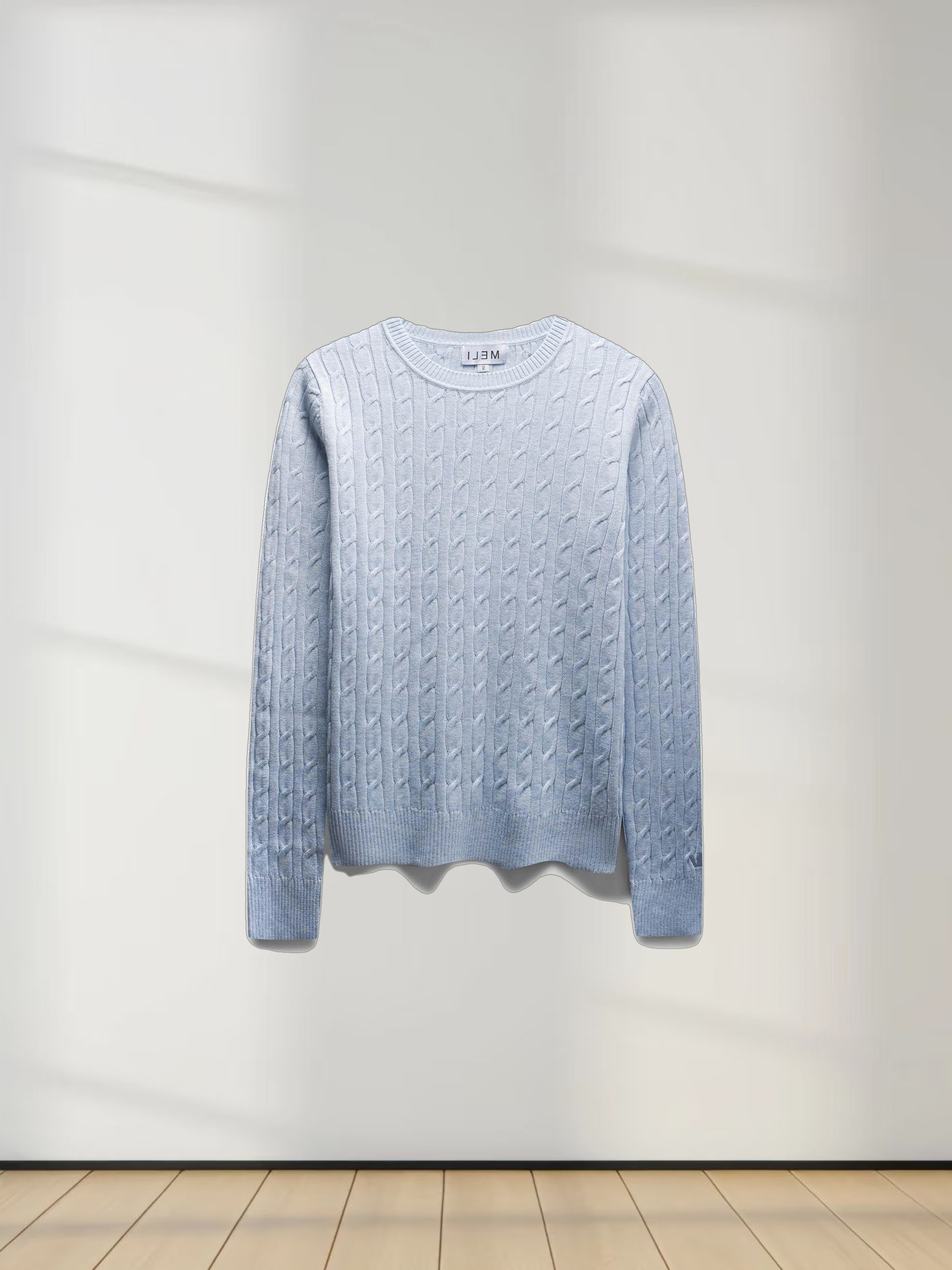 Knit Cable Sweater-Heather Light Blue