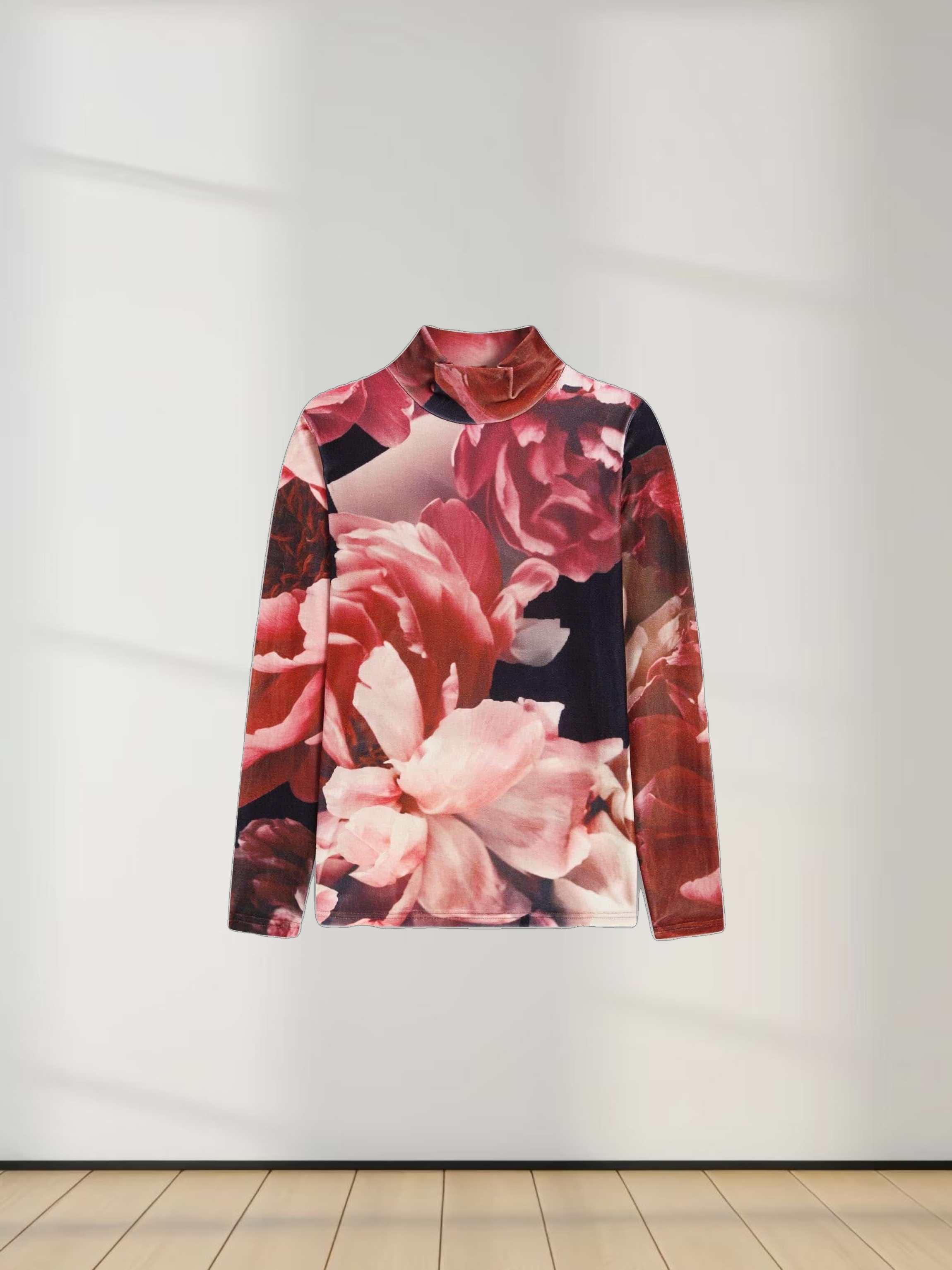 Velvet Floral Printed Turtleneck-Floral