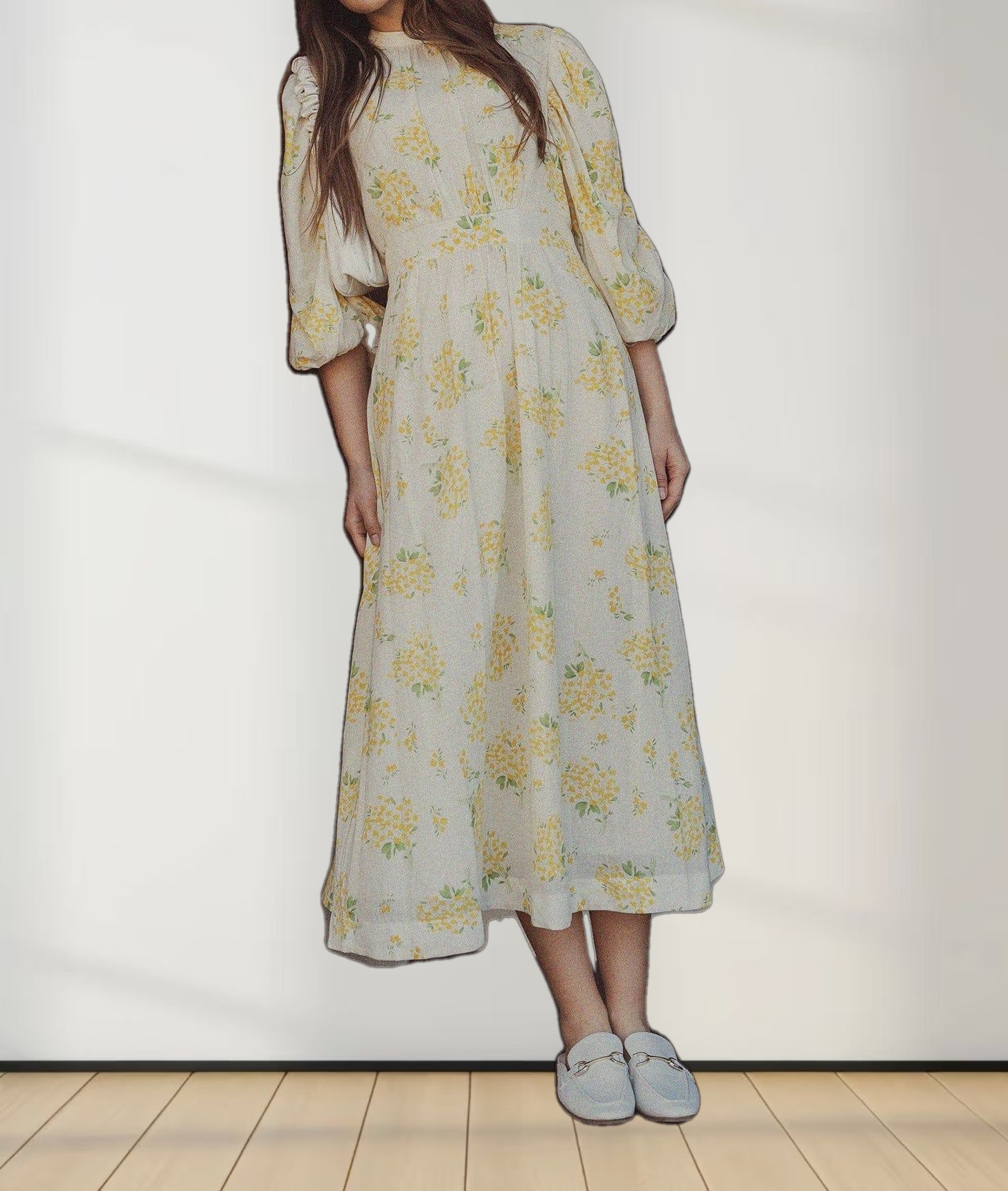 Ruched Puff Sleeve Dress-Yellow Floral