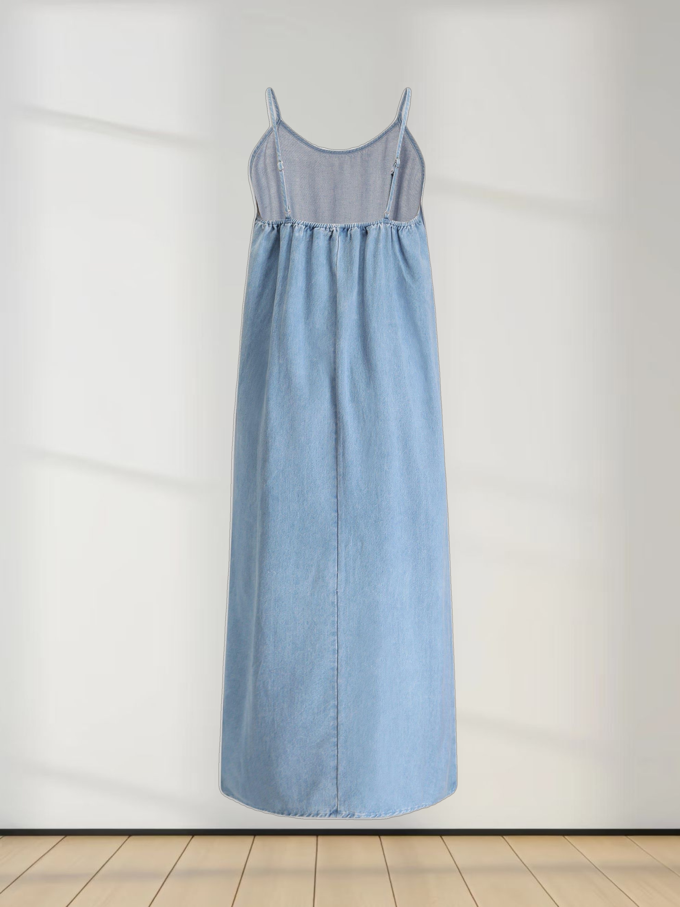 Solid Crew Neck Slip Dress-Light Blue Denim