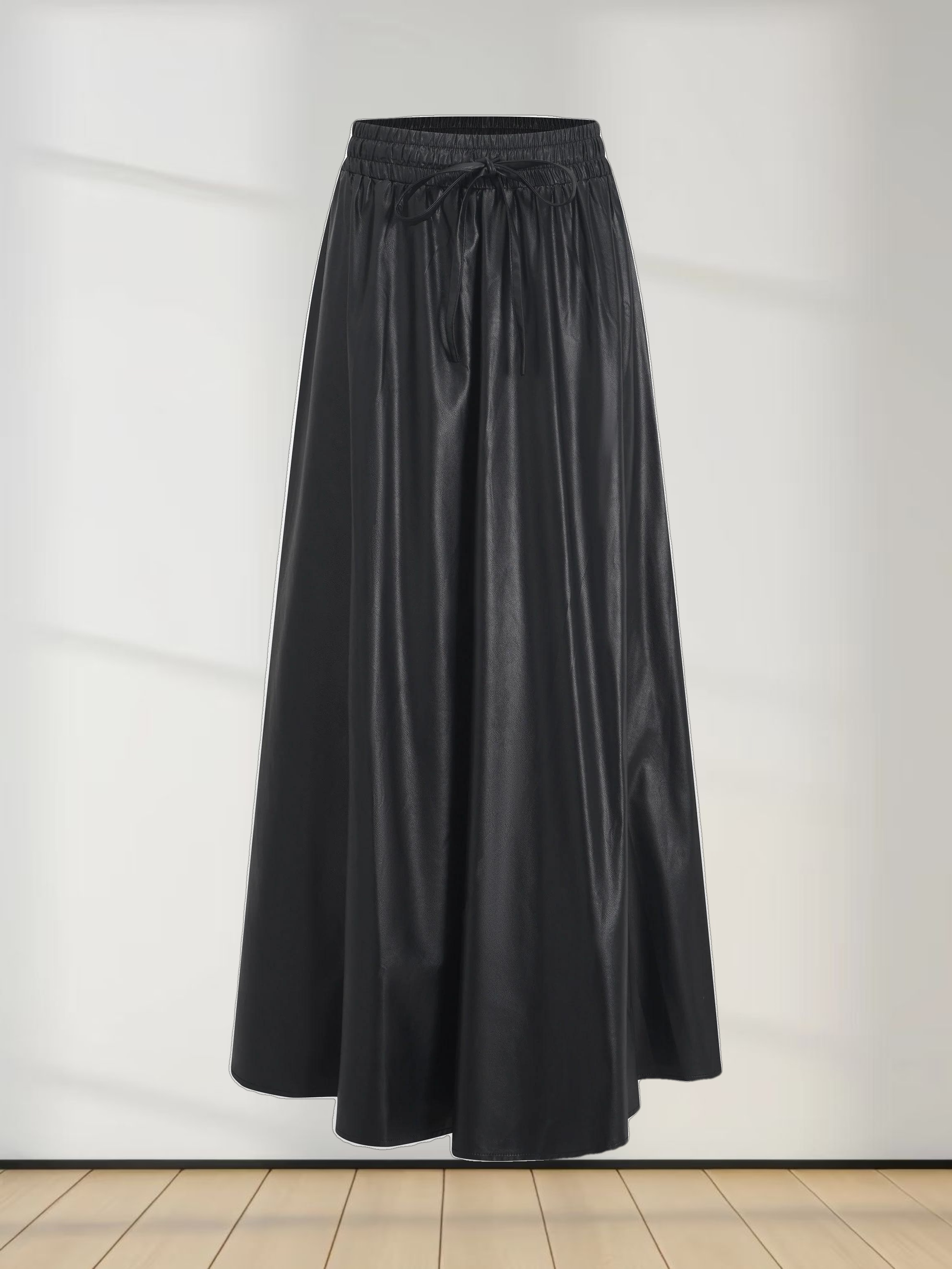 Drawstring Faux Leather Skirt-Black