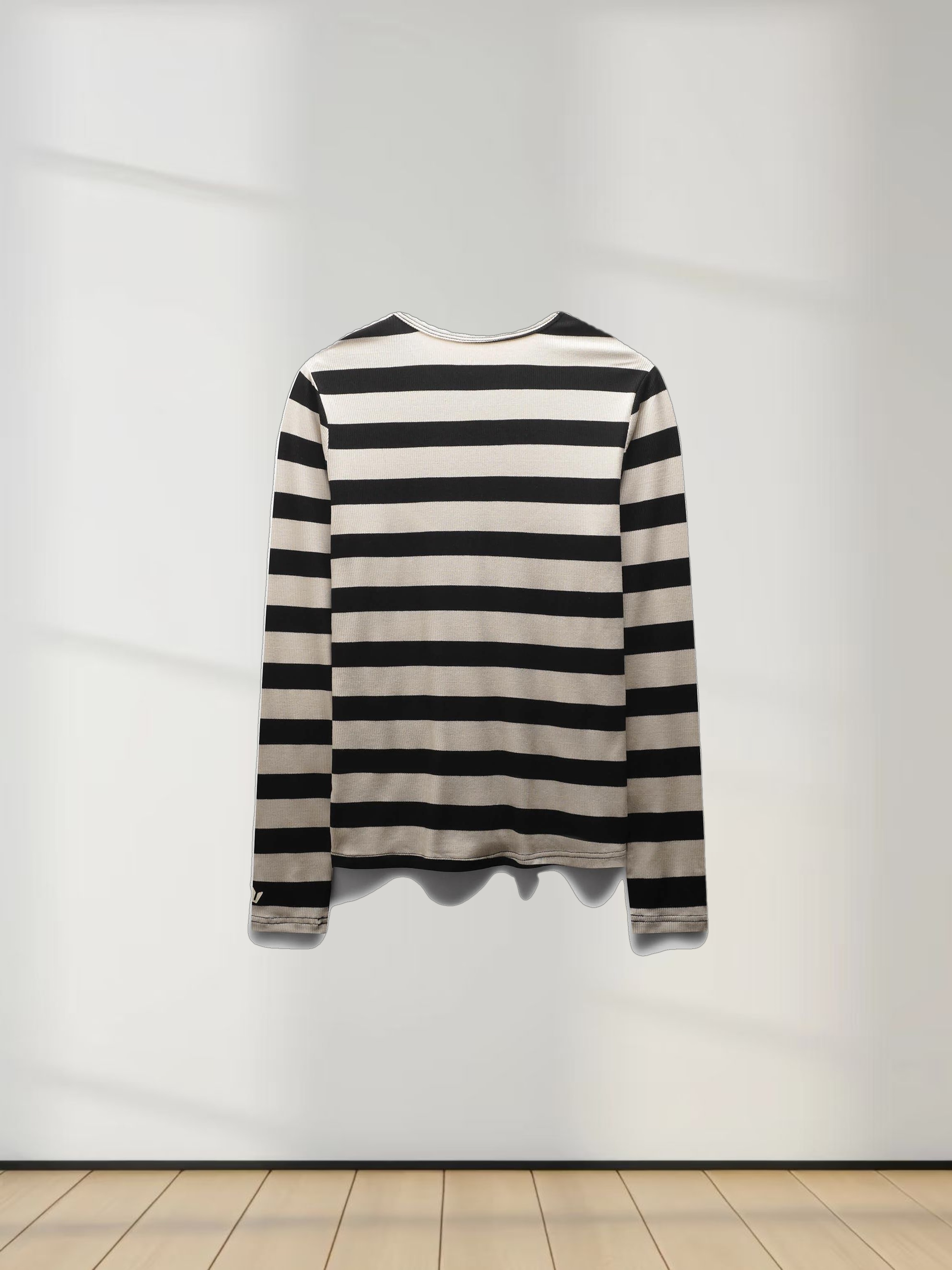 Ribbed Striped High V Tee Long Sleeve-Tan/Black