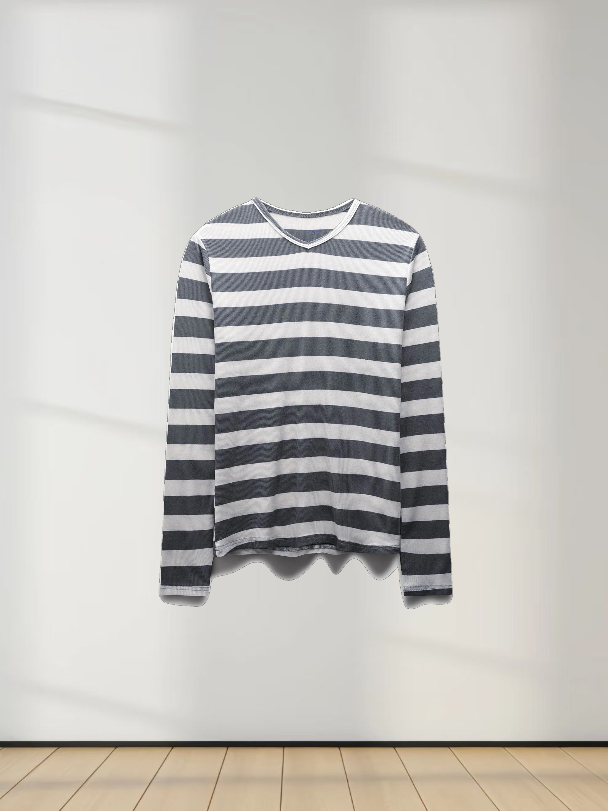 Ribbed Striped High V Tee Long Sleeve-Teal/Ivory
