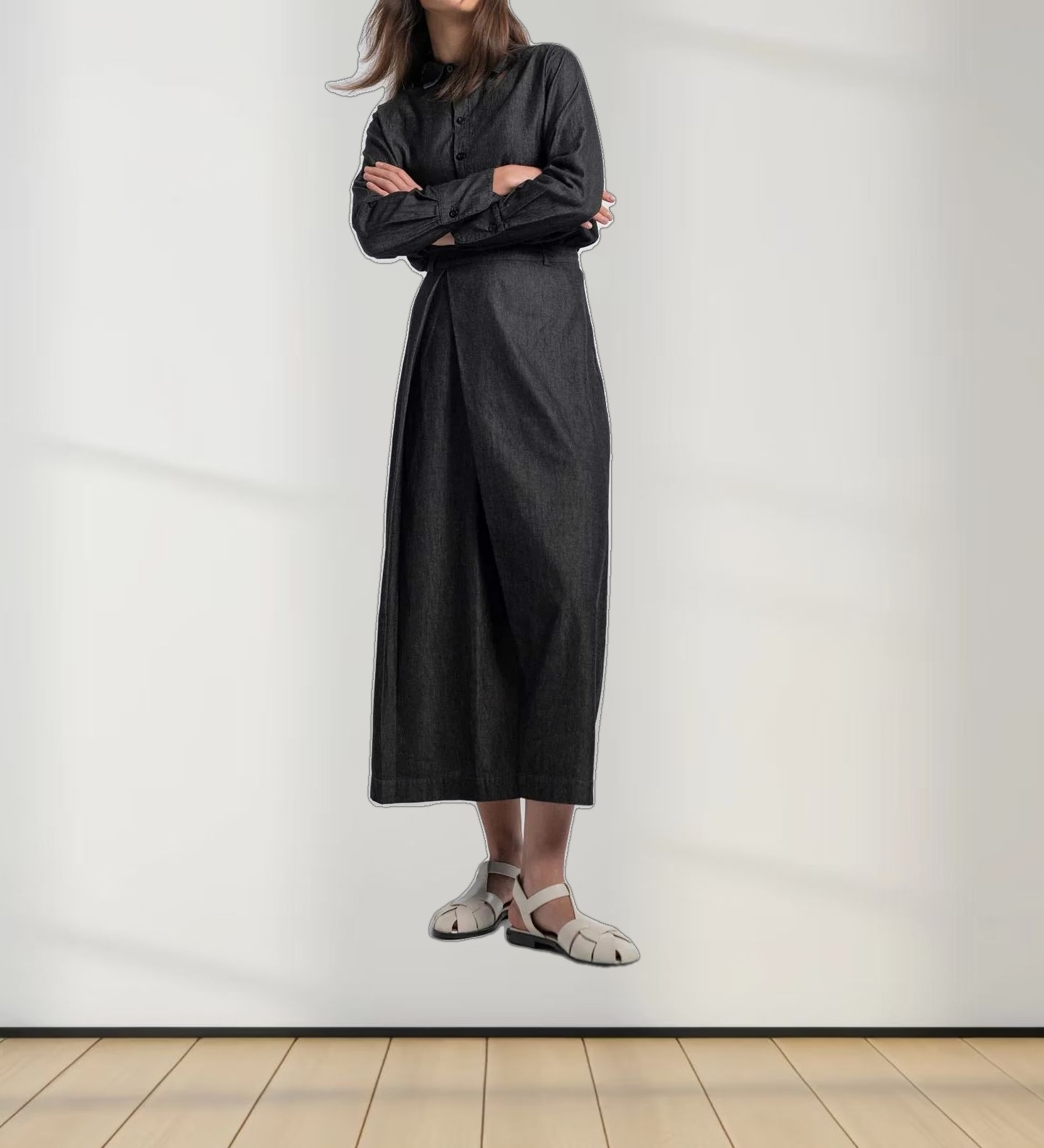 Side Inverted Pleat Denim Skirt-Black