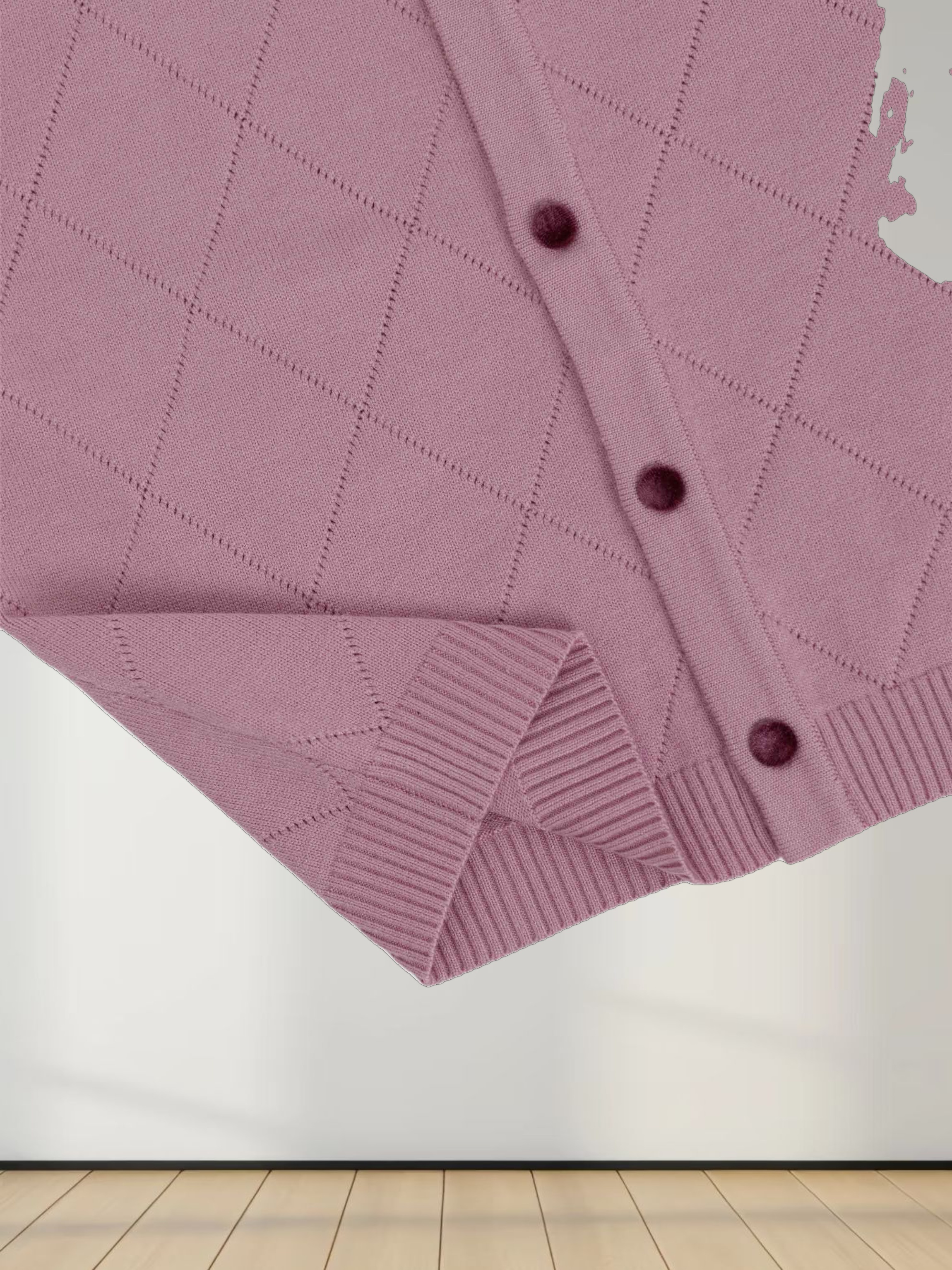 Velvet Detail Pointelle Crew Cardigan-Pink/Burgundy