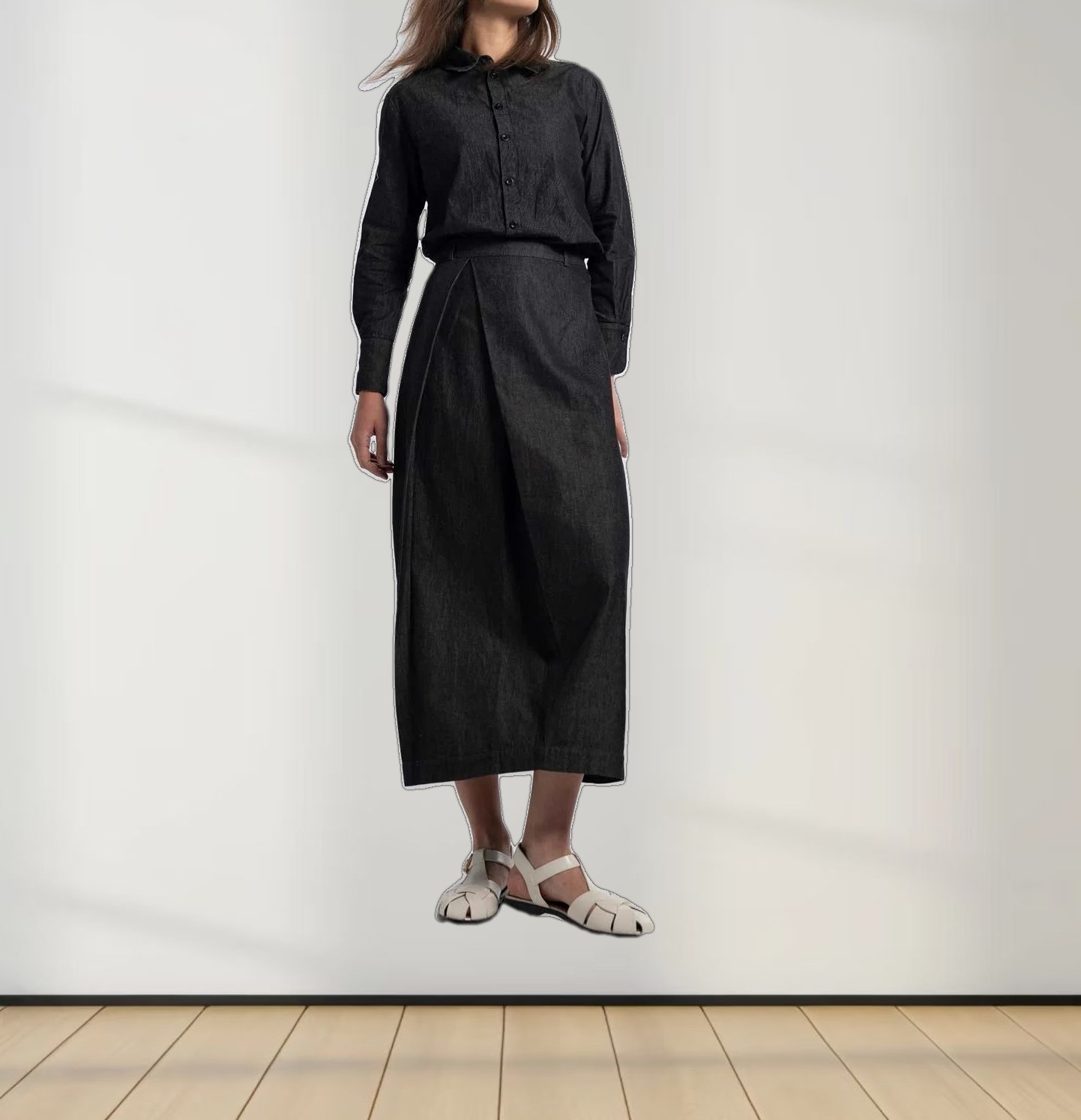 Side Inverted Pleat Denim Skirt-Black