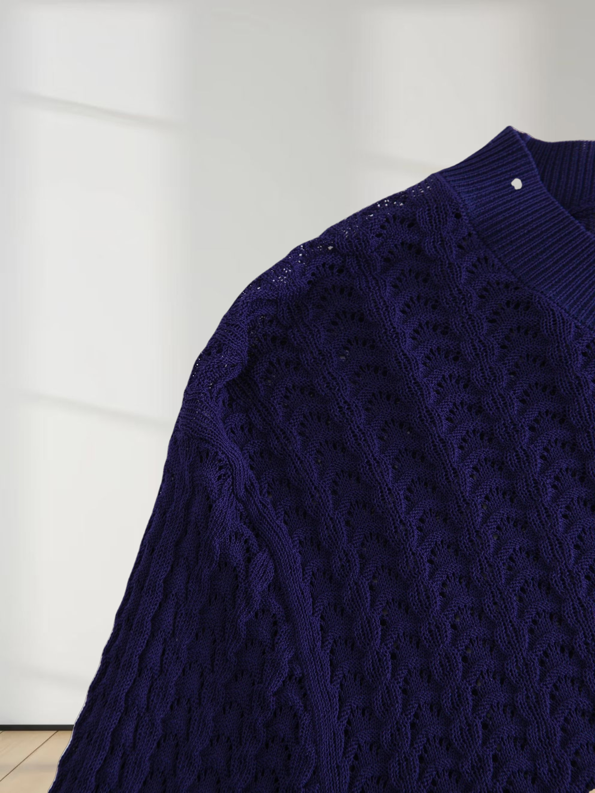 Pointelle Knit Sweater-Navy