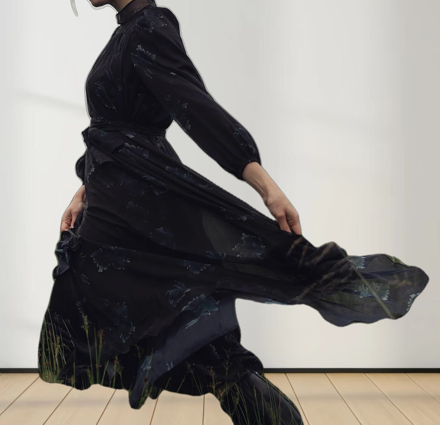 Asymmetrical Bottom Belted Dress-Green Floral