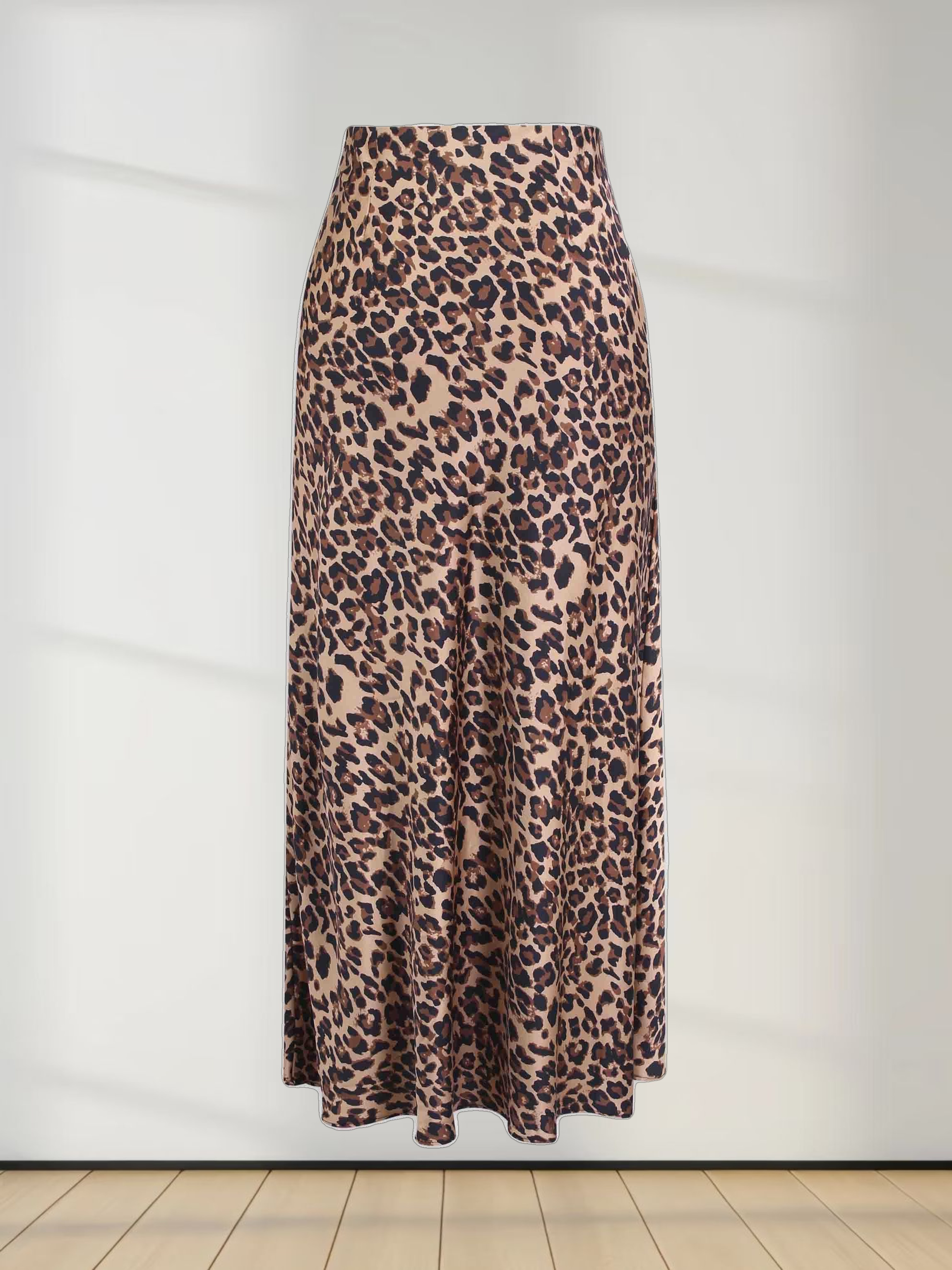 Printed Satin Slip Skirt-Brown Leopard