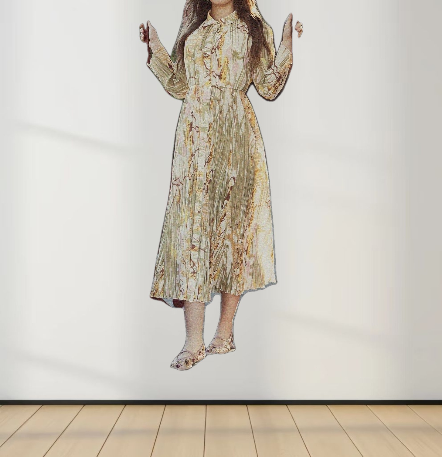 Micro Pleats Princess Style Dress-Pastel Floral