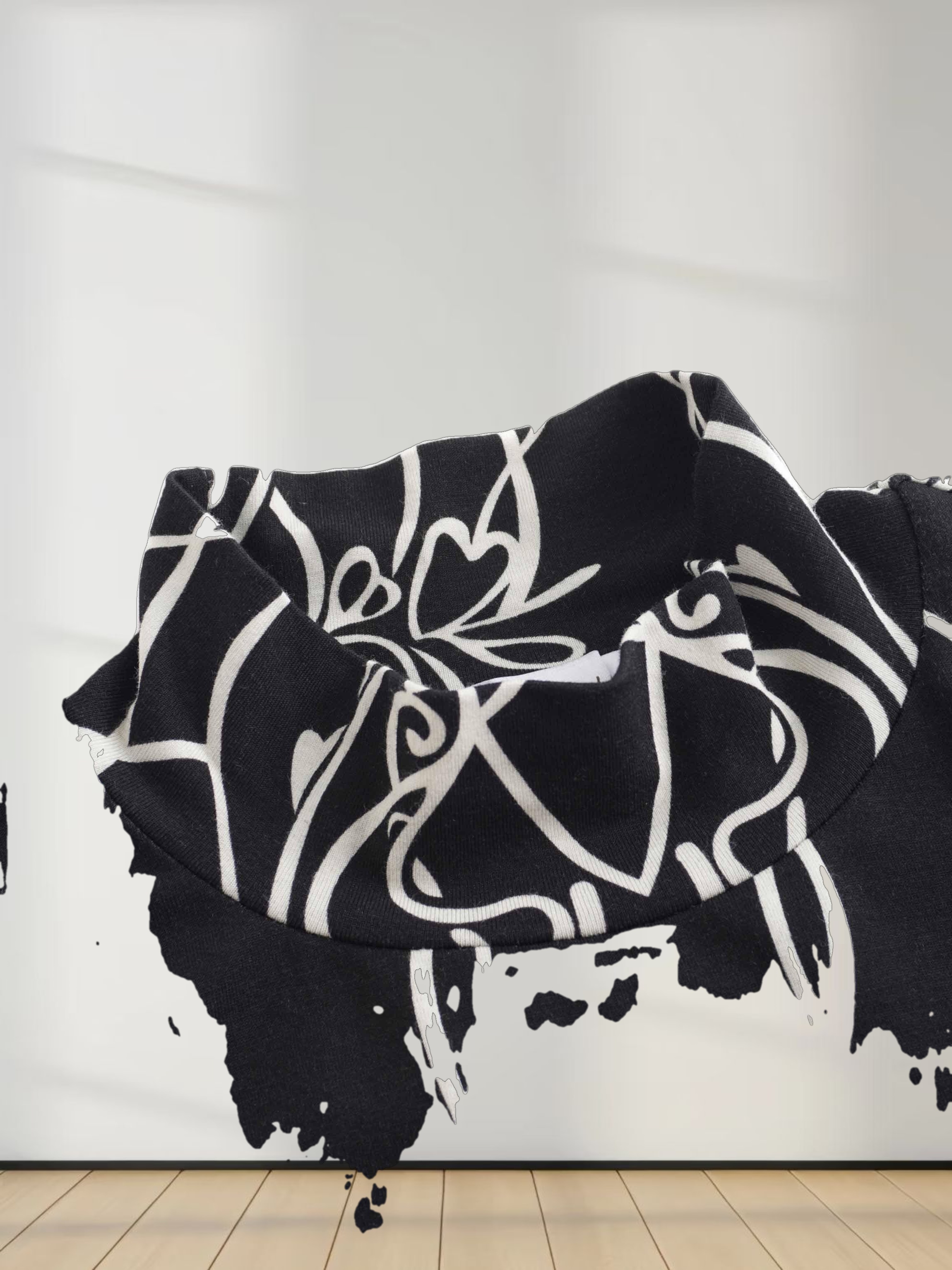 Printed Modal Turtleneck-Floral Vines Black