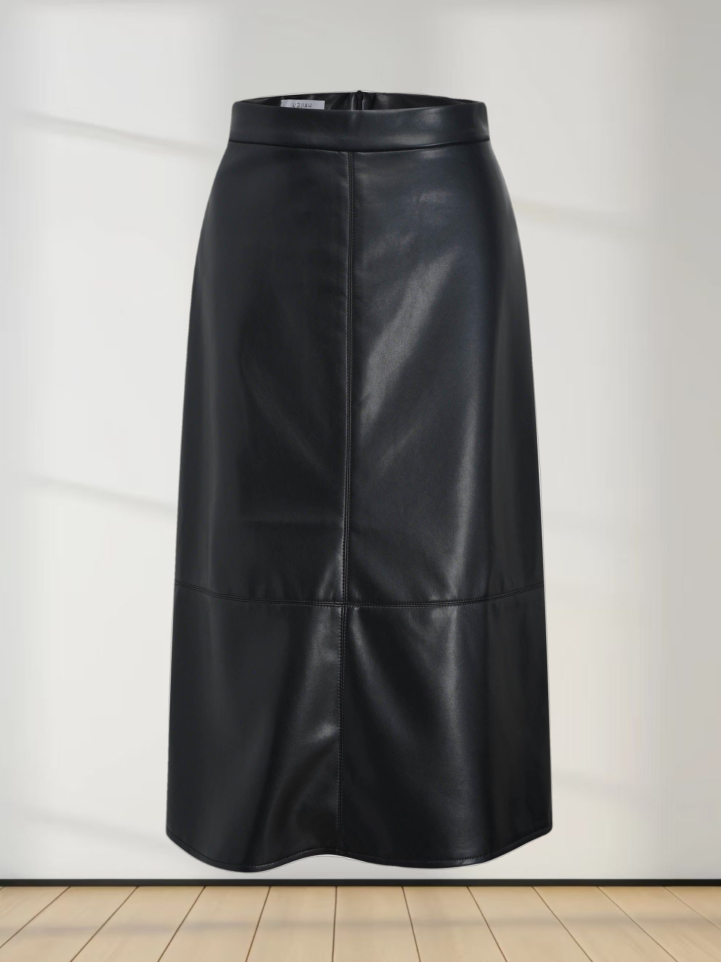 Short A-Line Seamed Faux Leather Skirt-Black