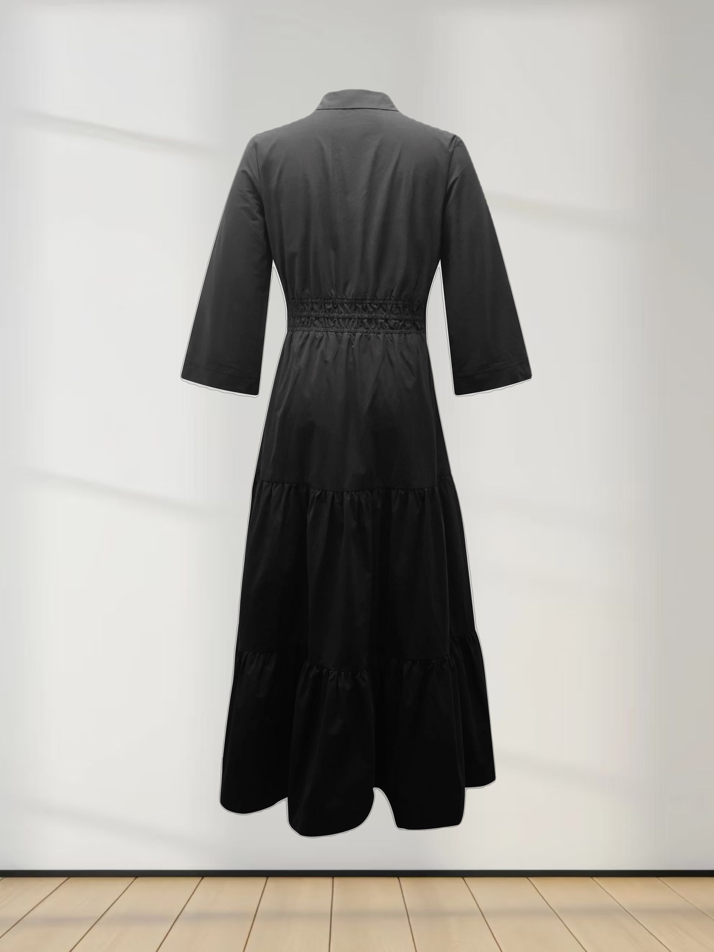 Elastic Waist Tiered Shirtdress-Black
