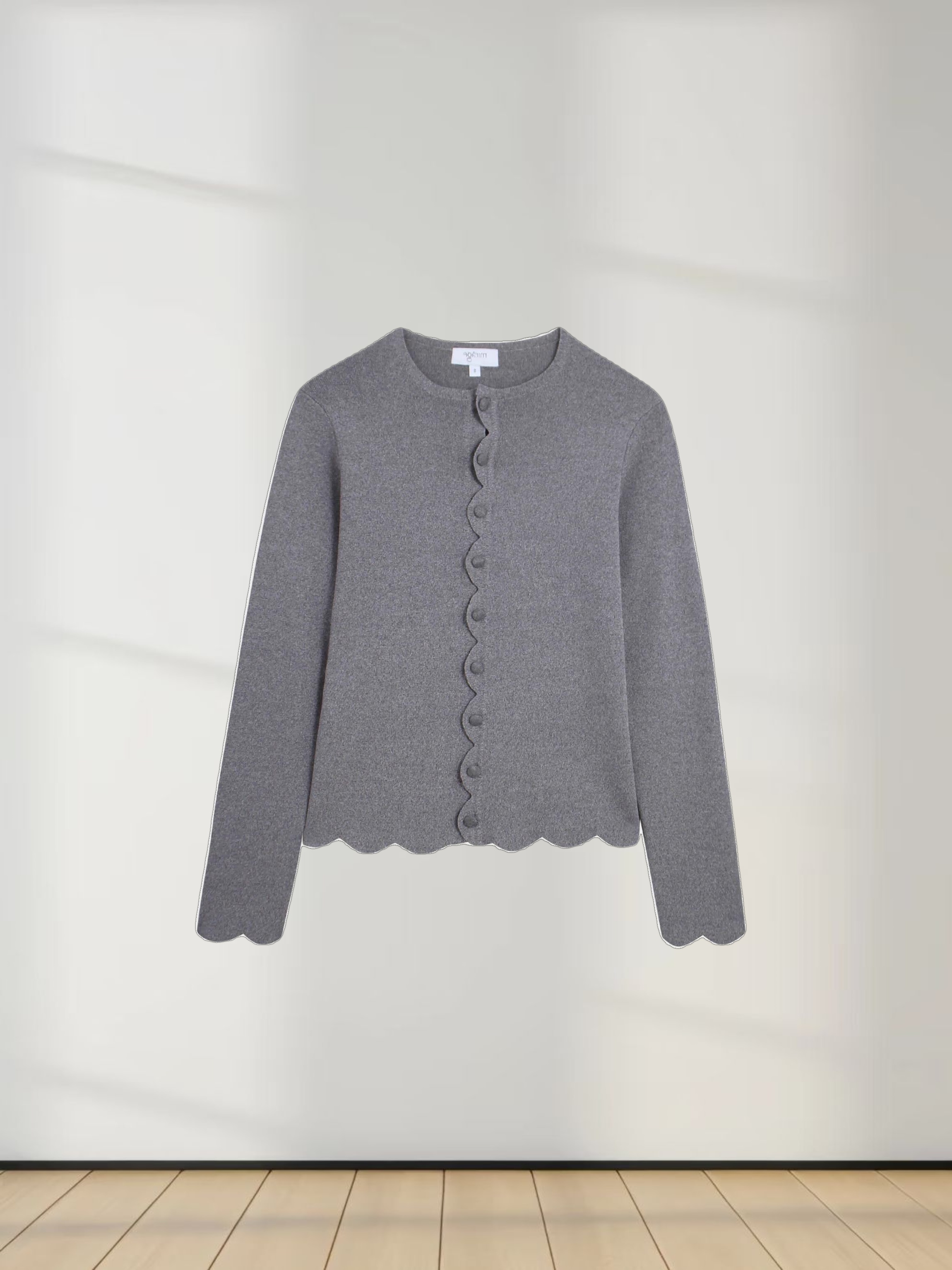 Scallop Edge Crew Cardigan-Heather Grey