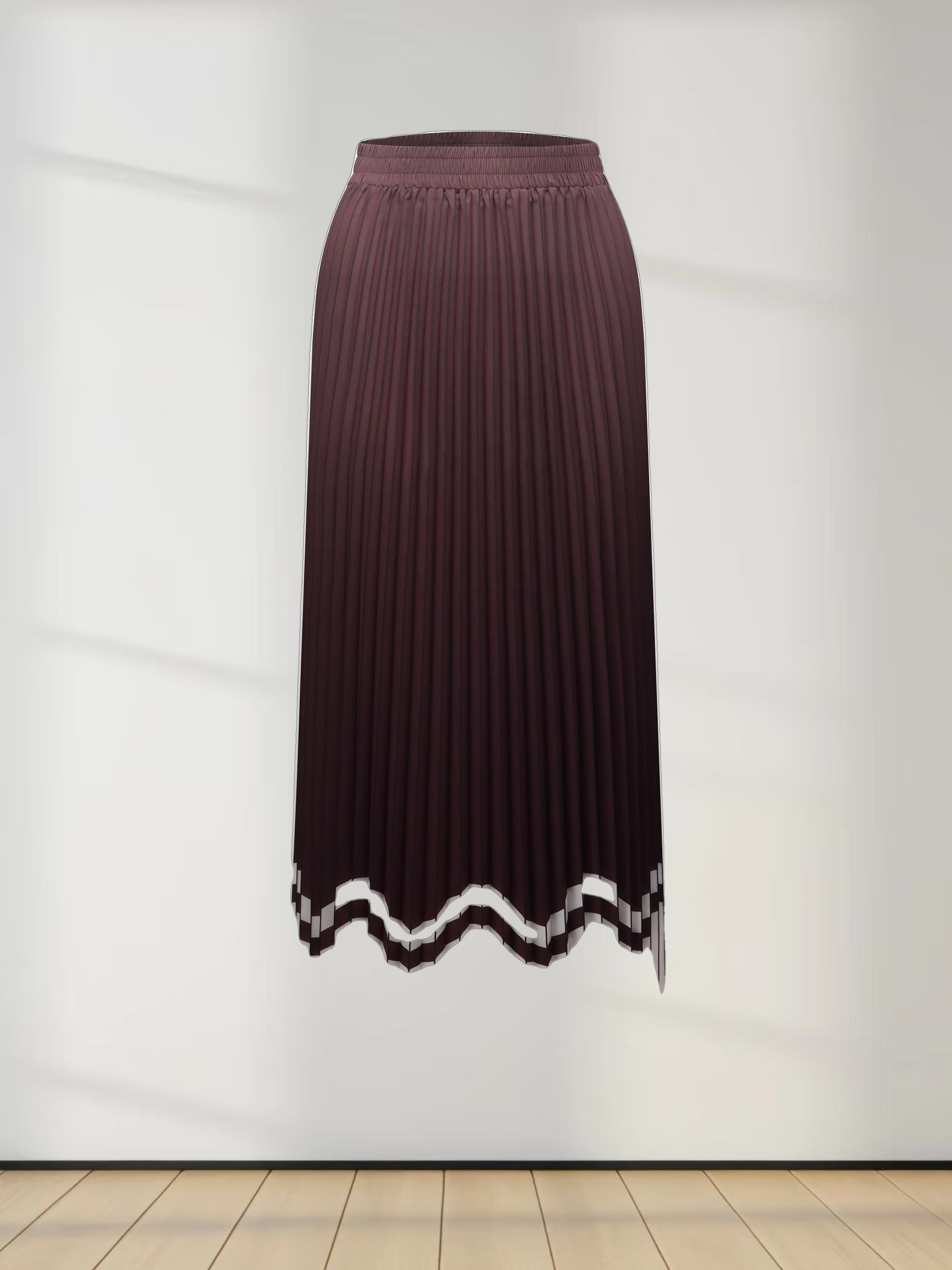 Elastic Waist Printed Pleated Skirt-Brown Chevron Border