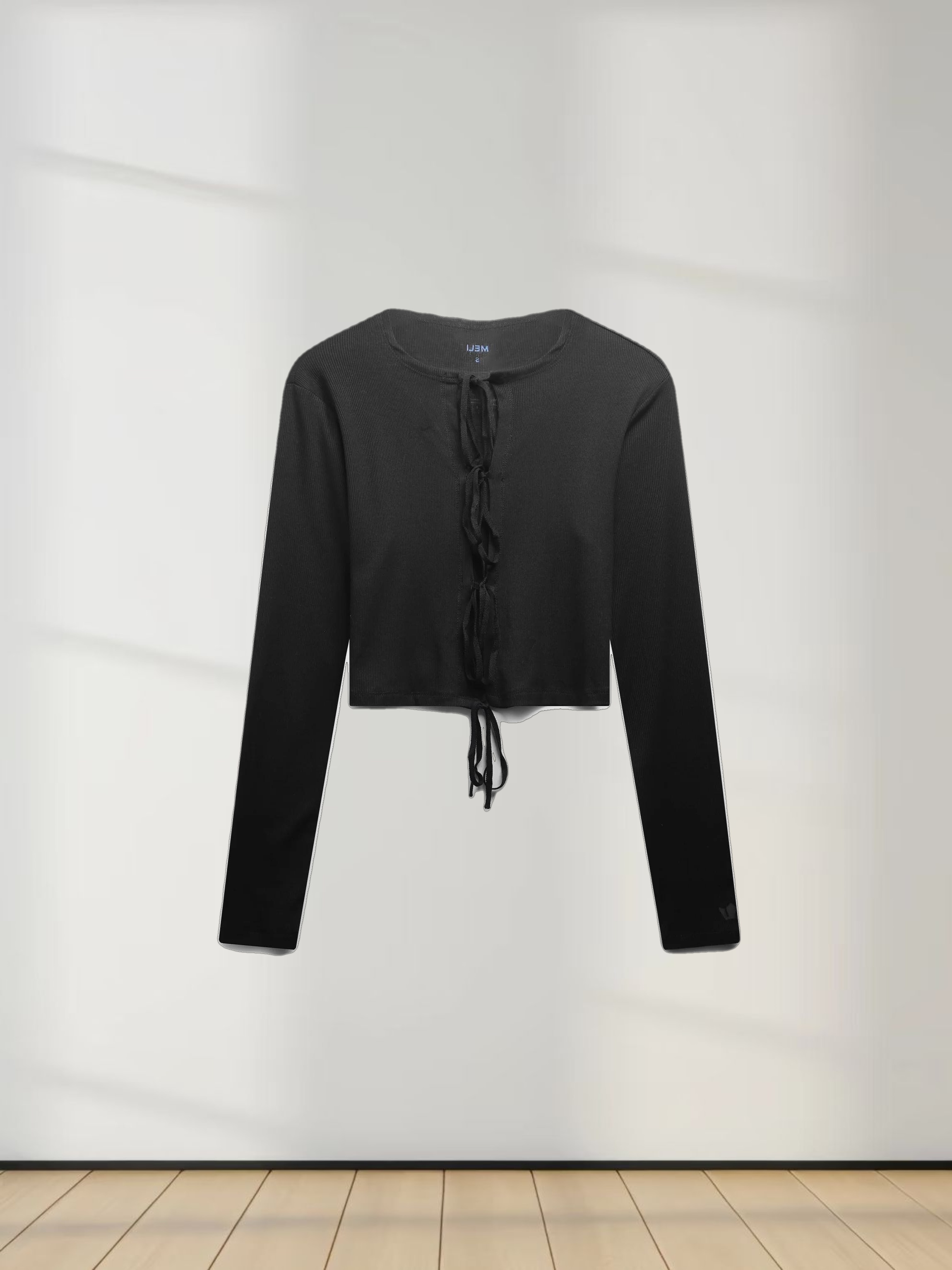 Ribbed Crop Bow Cardigan-Black