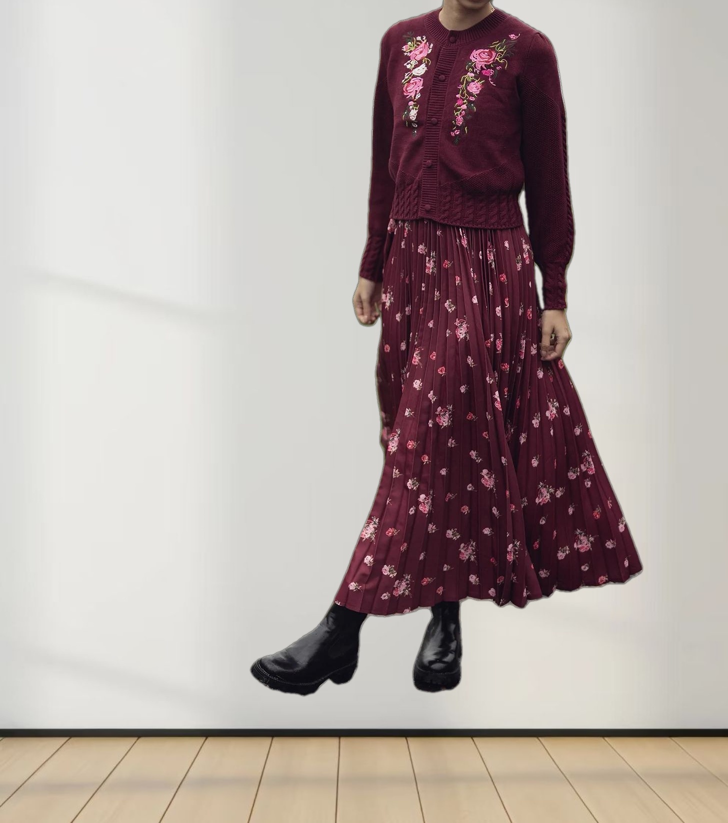 Embroidered Cardigan-Burgundy Floral