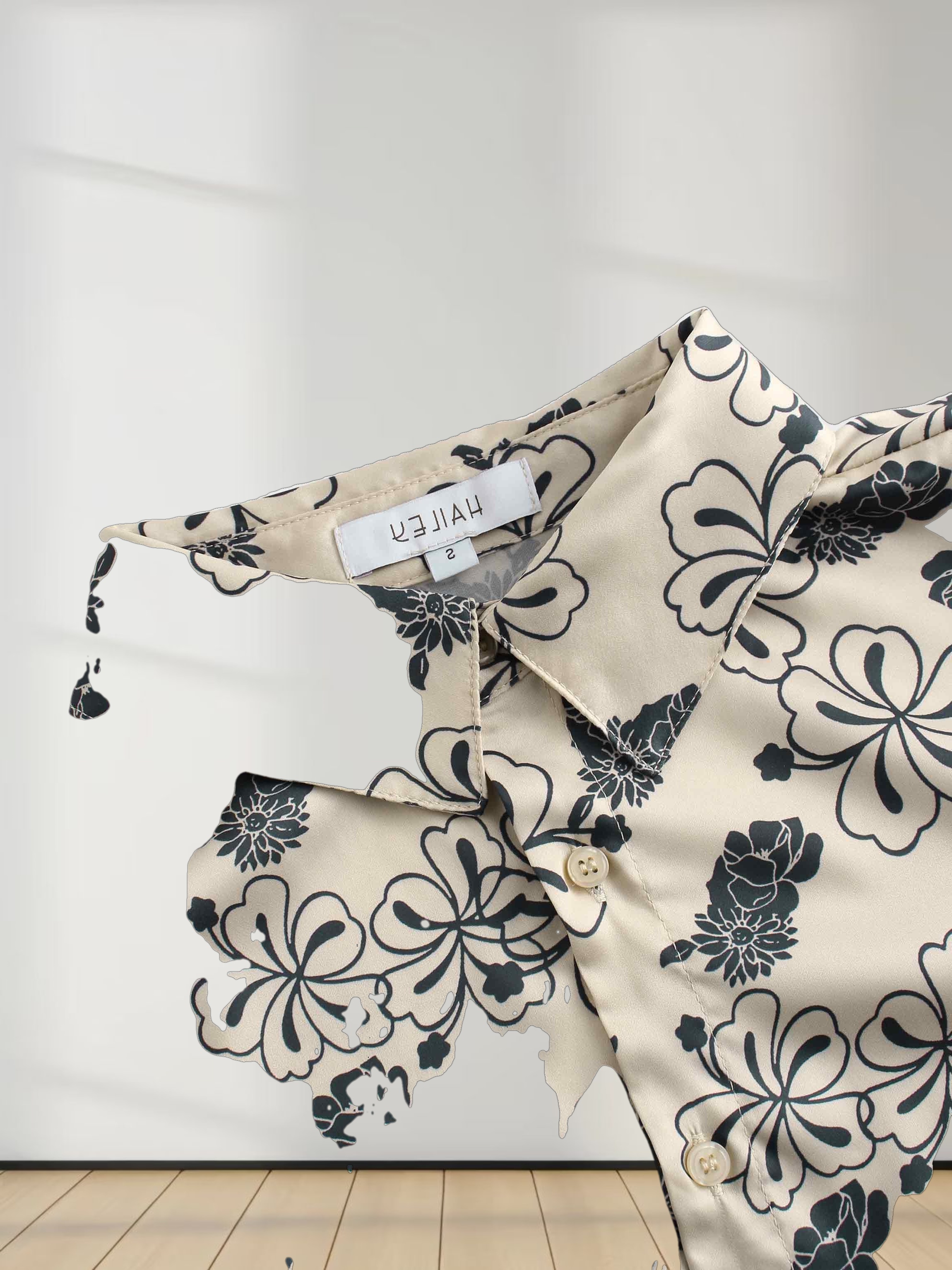 Oversized Faux Satin Blouse-Navy/Taupe Floral