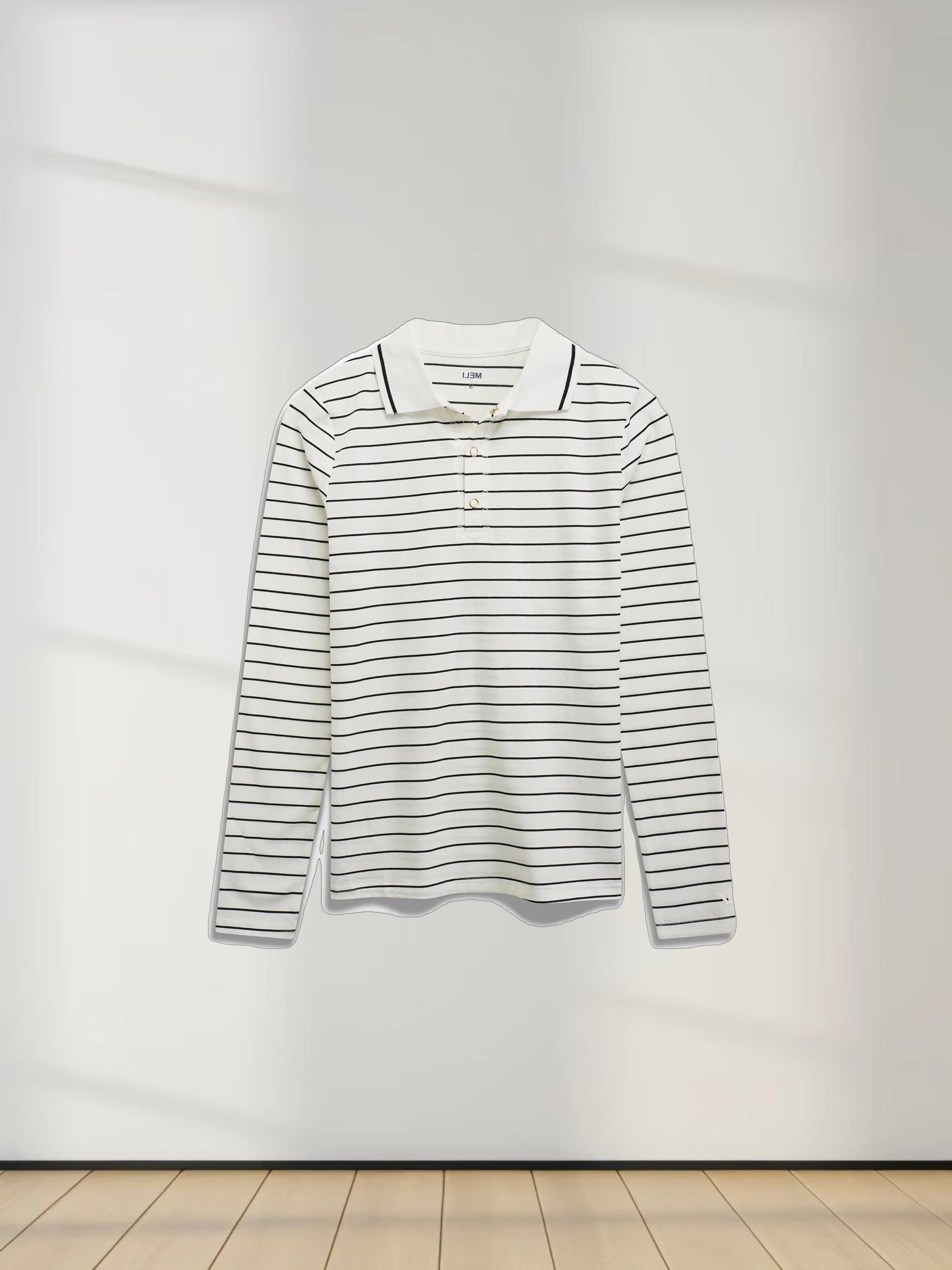 Striped Collar Snap Tee-Ivory/Black