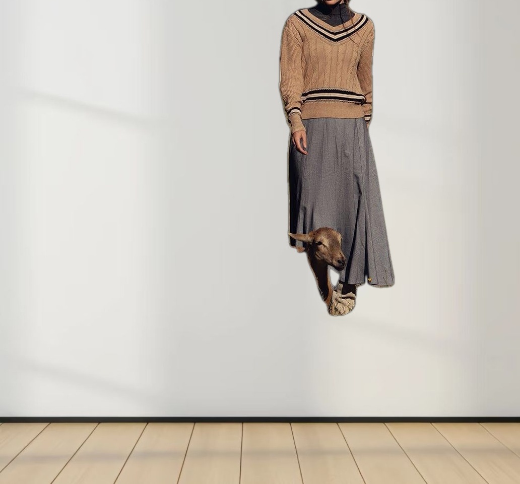 V-Neck Cable Sweater-Tan/Grey