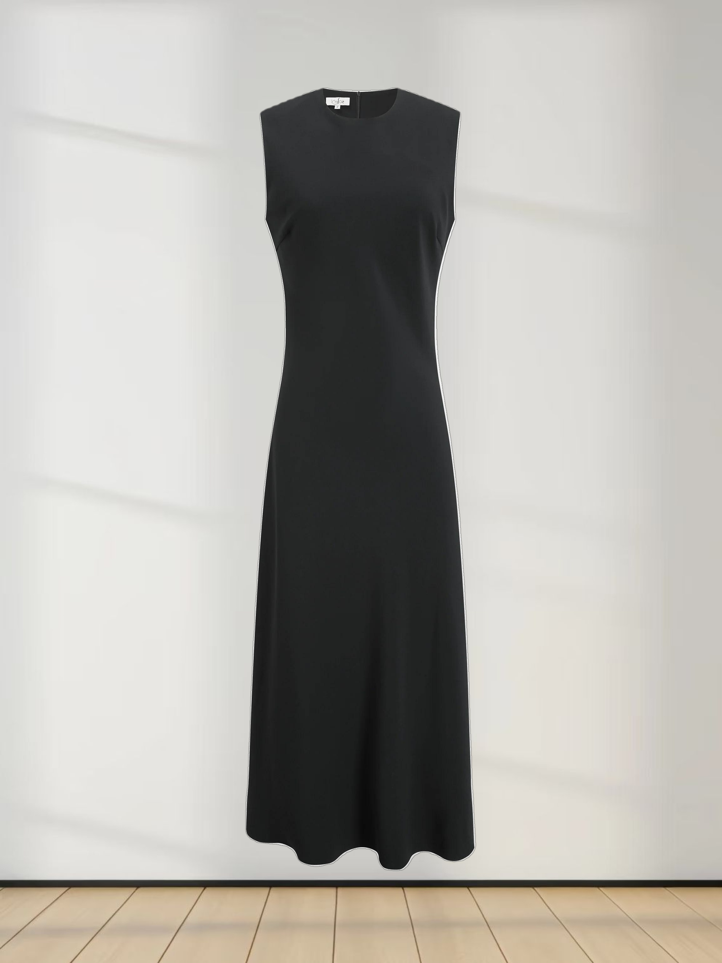 Faux Satin Crew Neck Slip Dress-Black