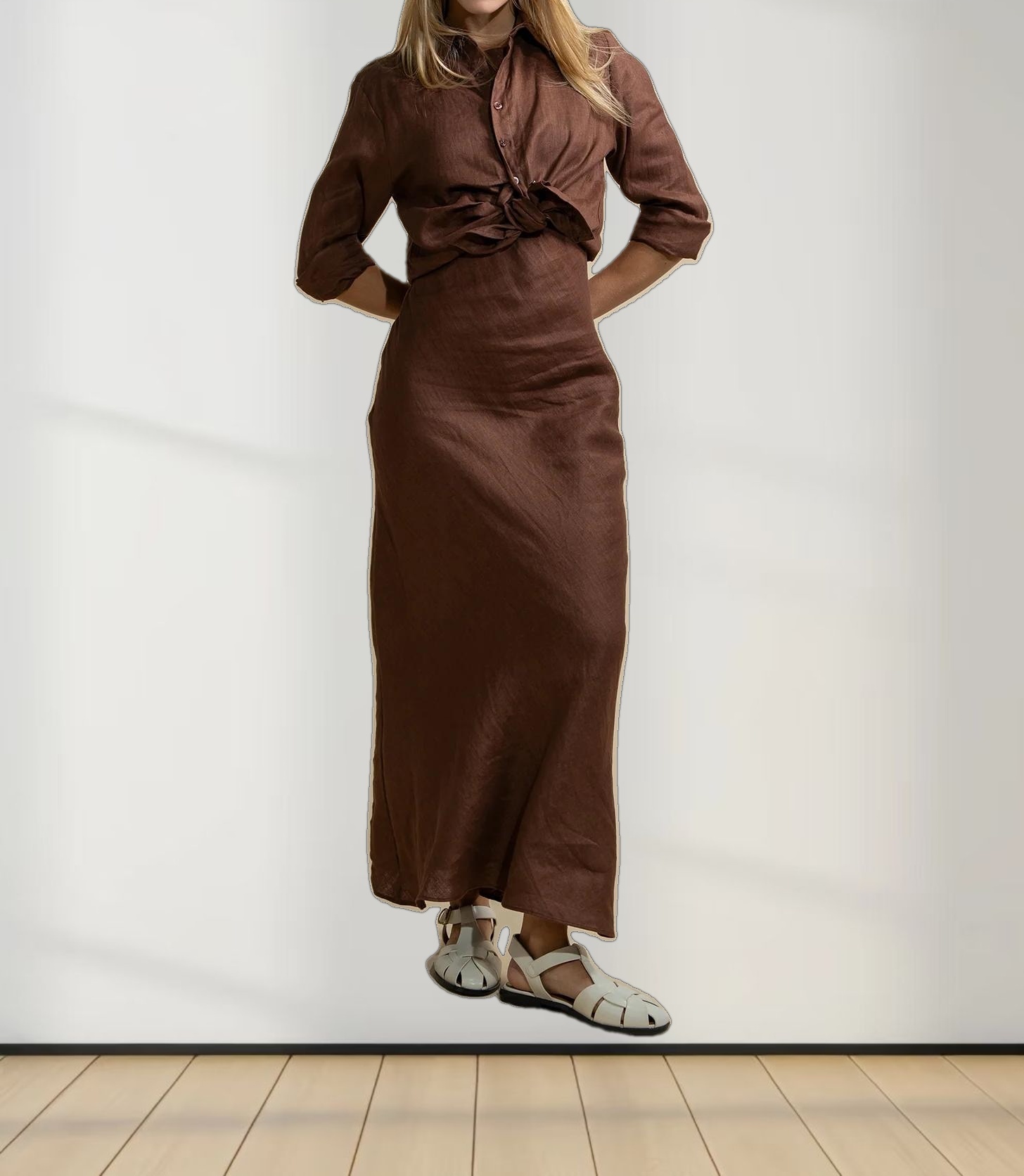 Linen Button Down Blouse-Brown