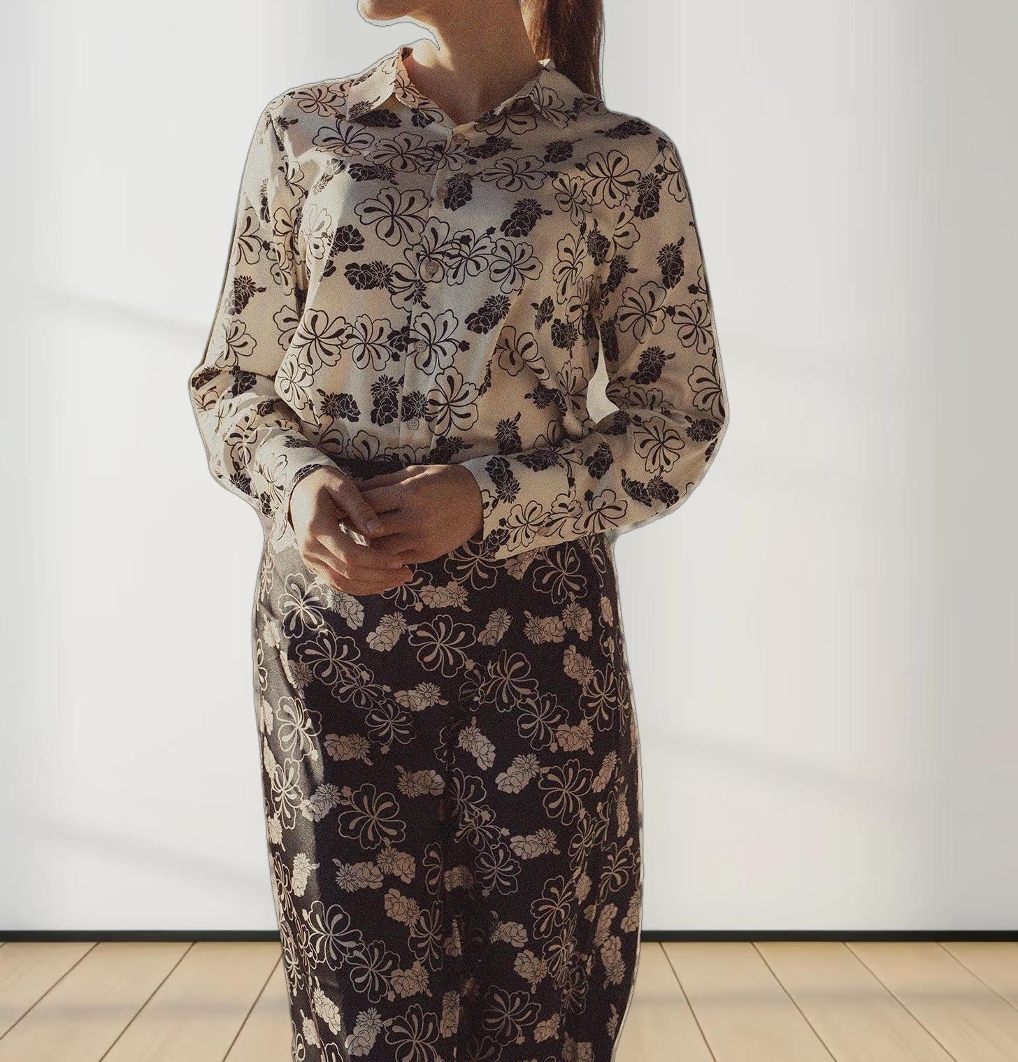 Oversized Faux Satin Blouse-Navy/Taupe Floral