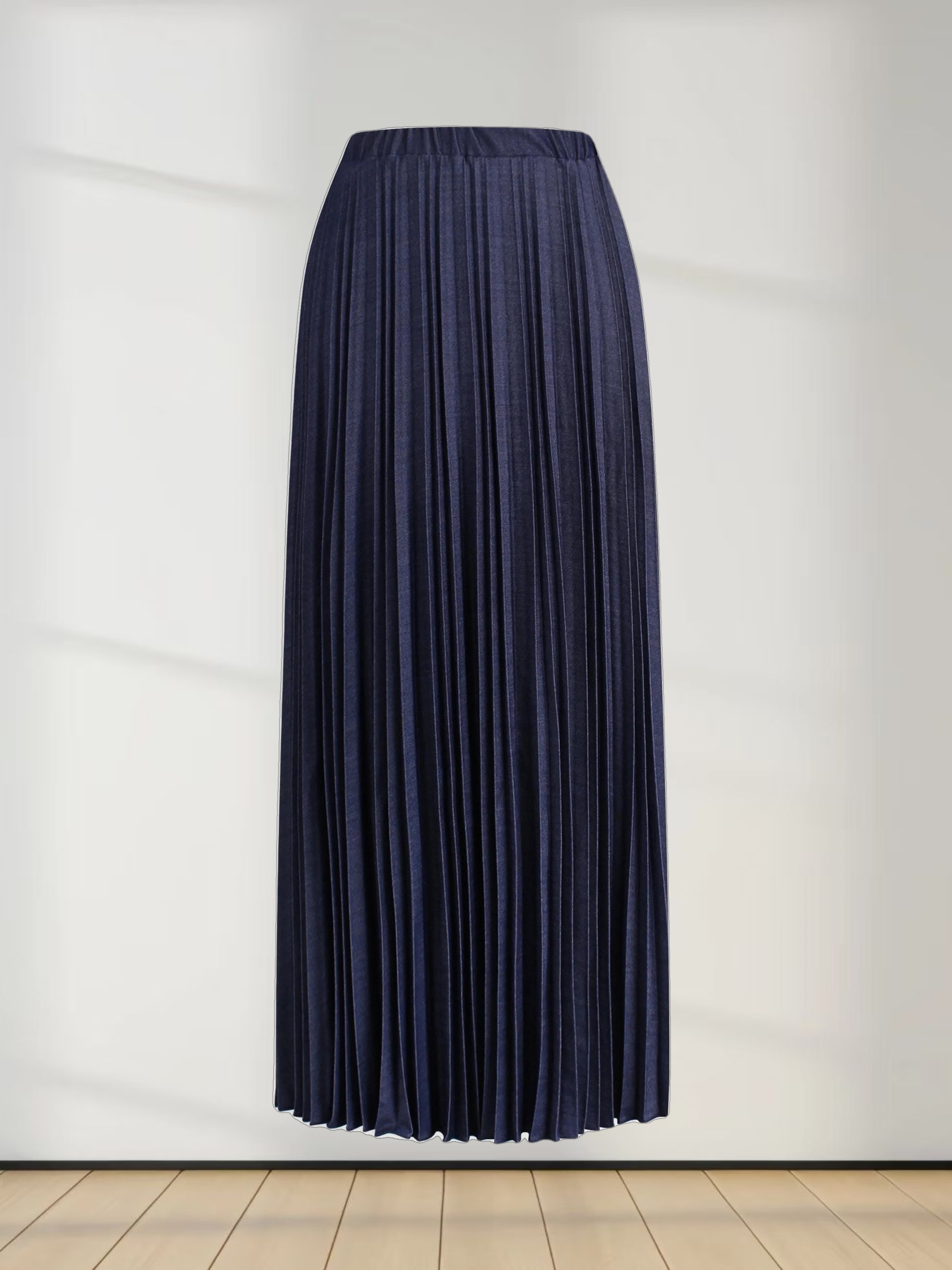 Denim Pleated Skirt-Dark Blue