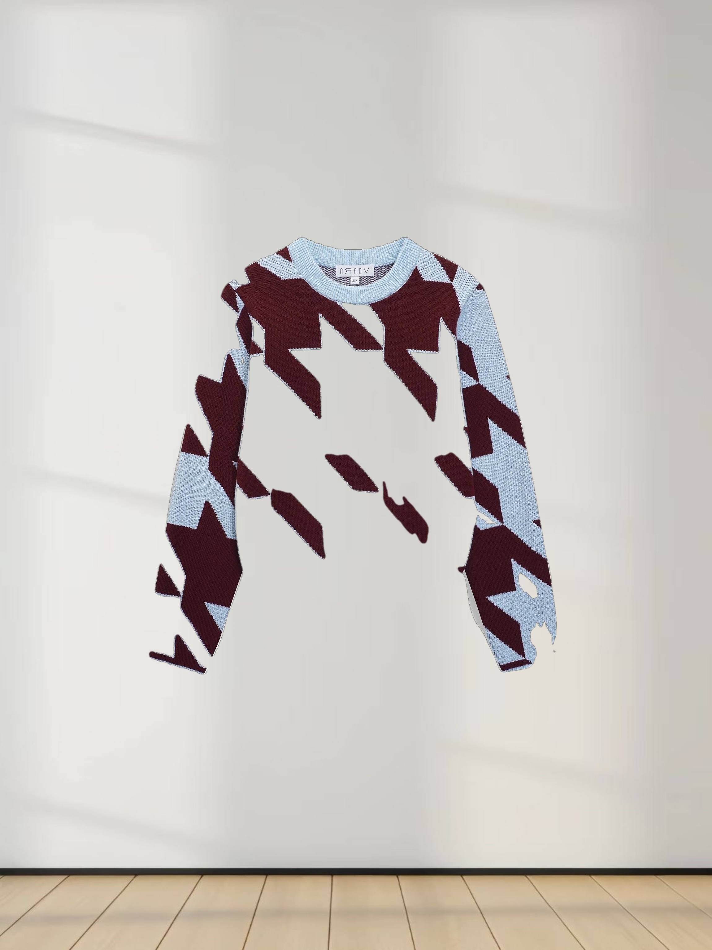 Oversized Houndstooth Sweater-Light Blue/Burgundy