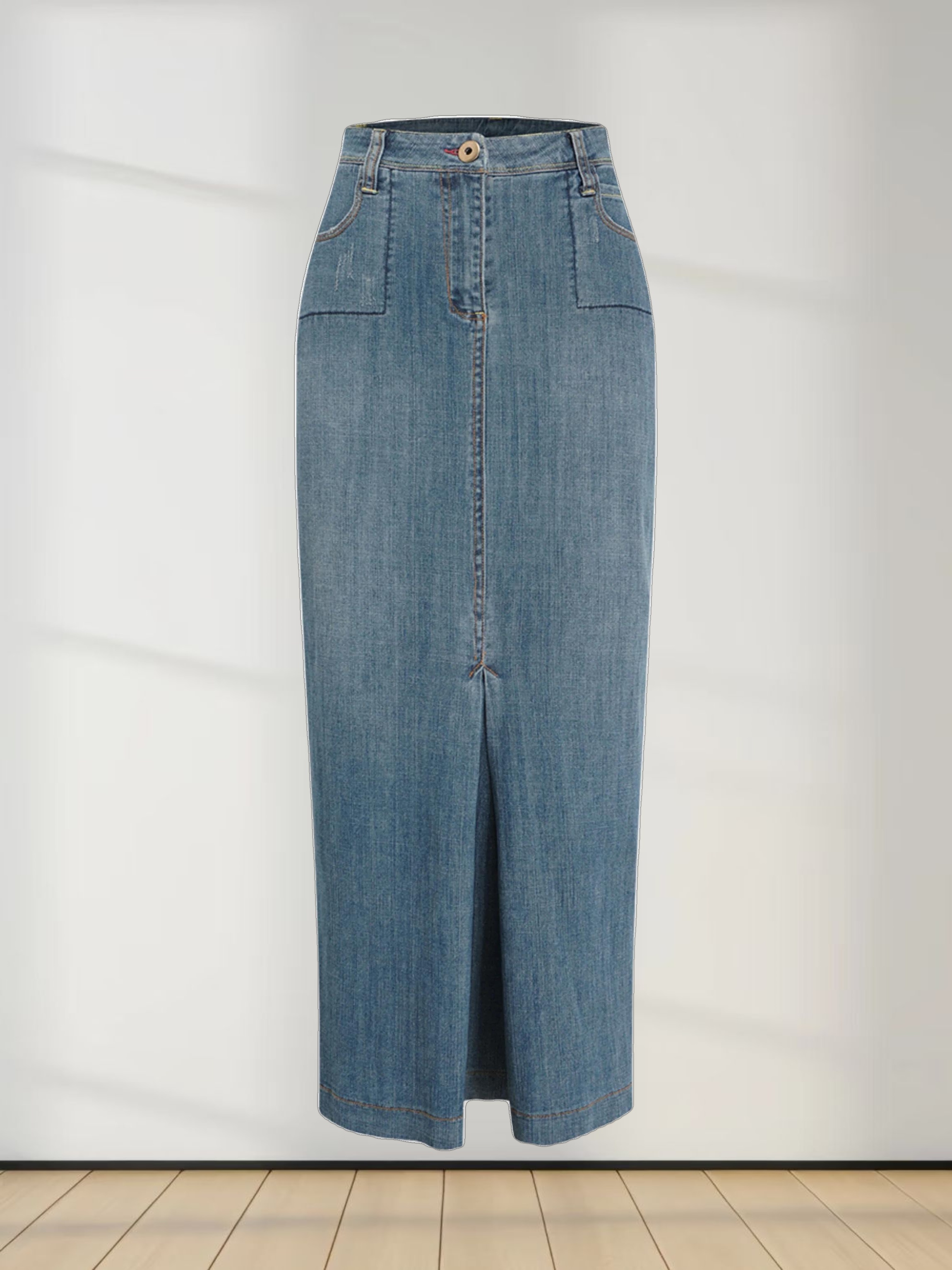 Front Kick Pleat Denim Skirt-Blue