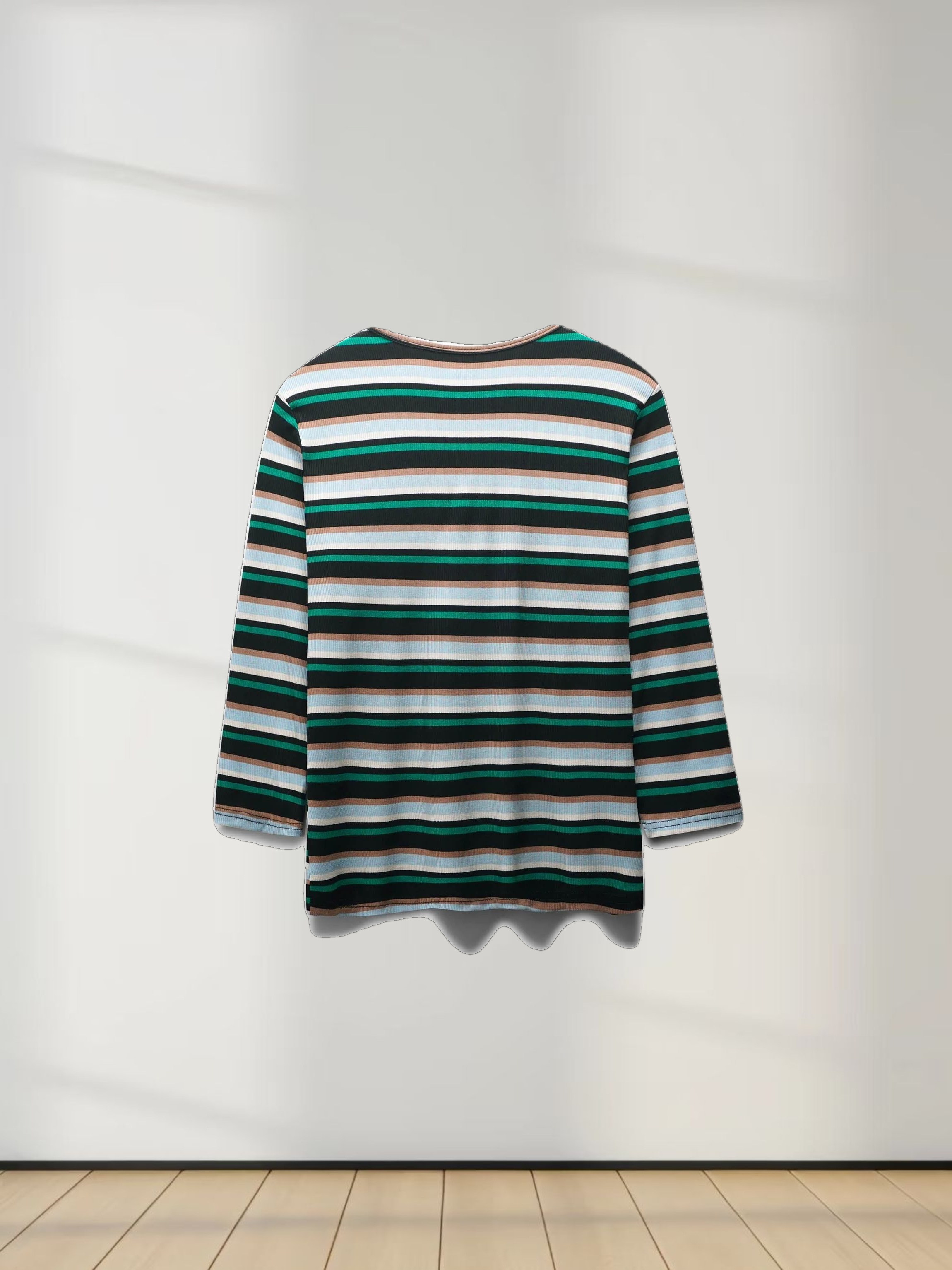 Ribbed Striped Crew 3/4 Sleeve-Green