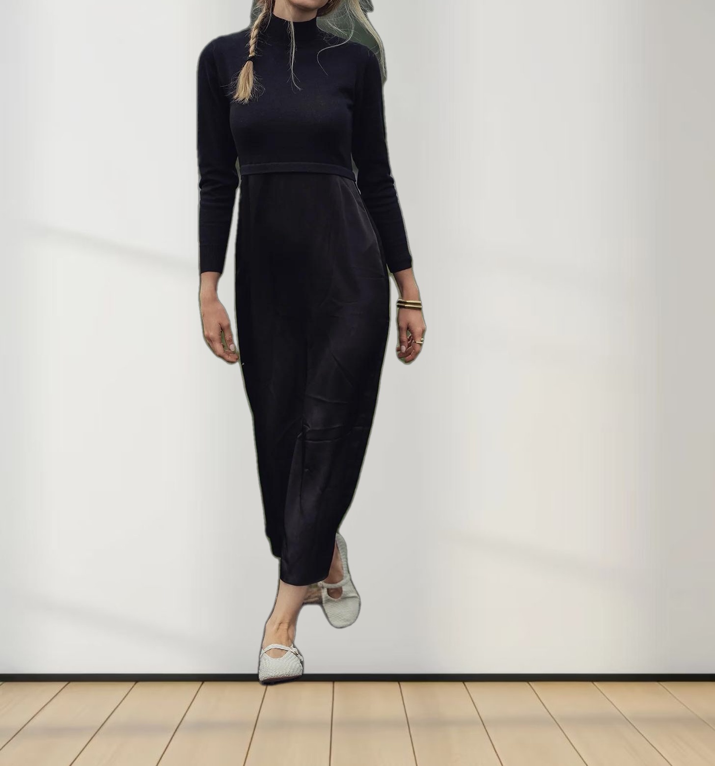 Knit Top Mock Neck Dress-Black