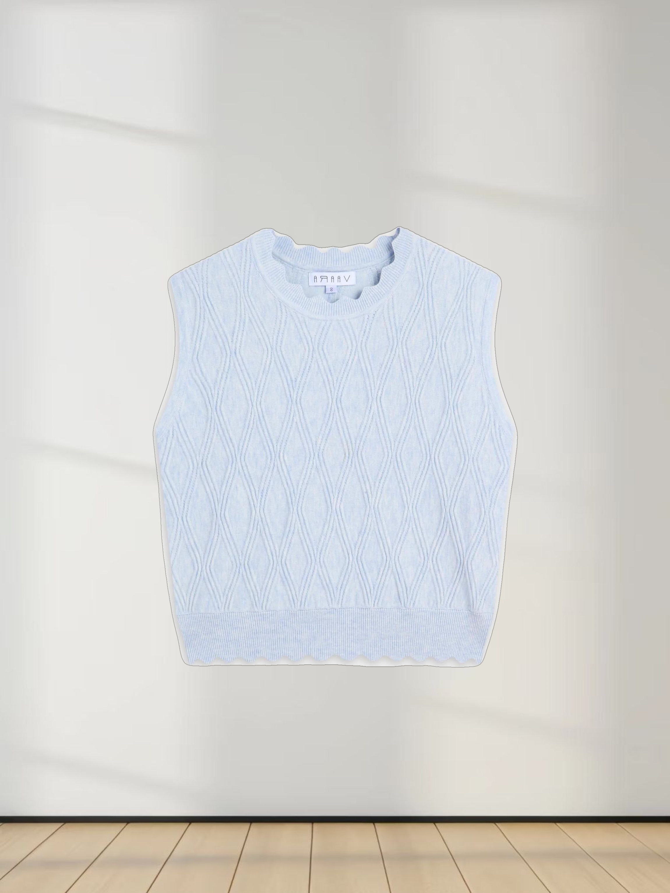Scalloped Sleeveless Crew Neck Sweater-Light Blue Heather