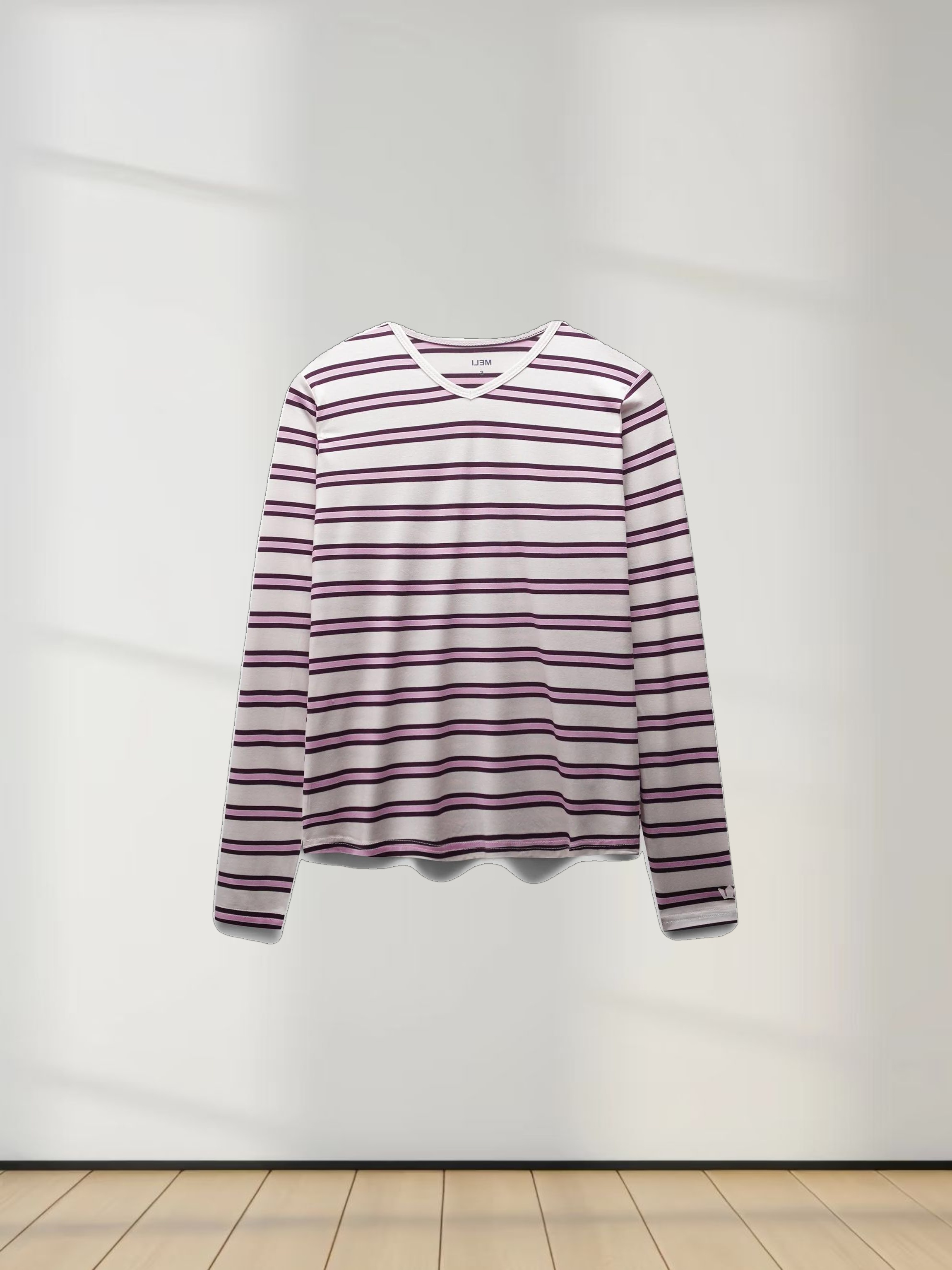 Flat Striped High V Long Sleeve-Raspberry/Pink