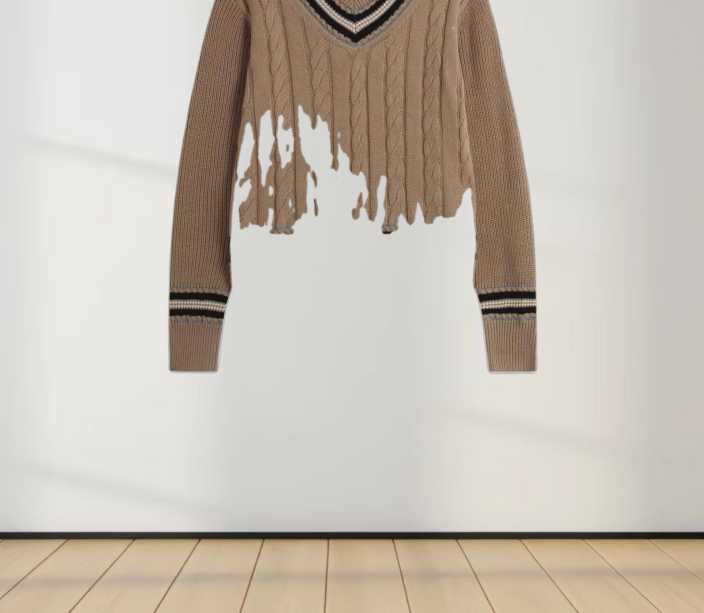 V-Neck Cable Sweater-Tan/Grey