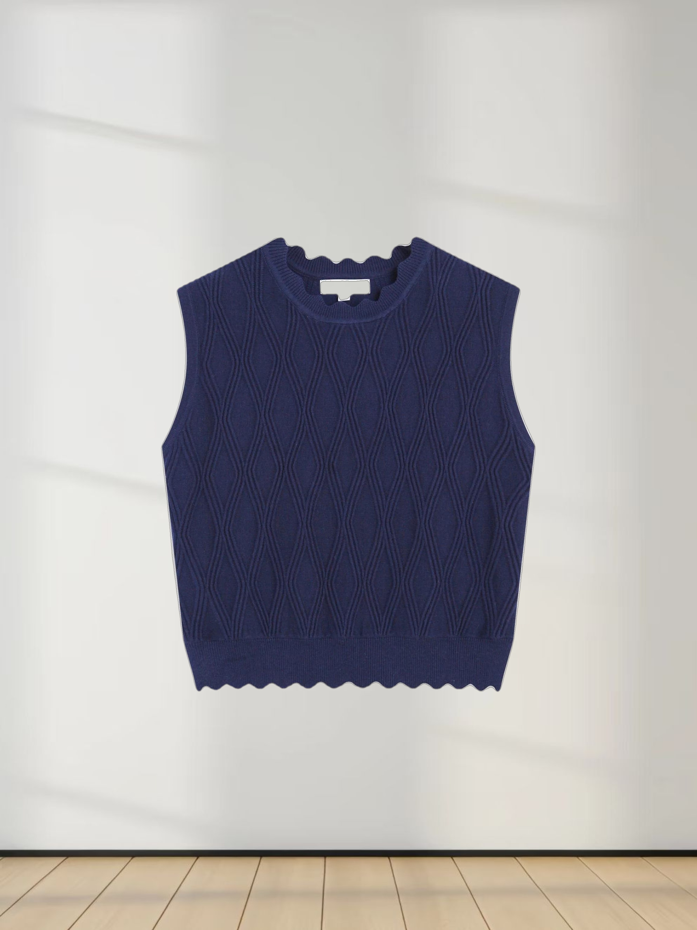 Scalloped Sleeveless Crew Neck Sweater-Blue