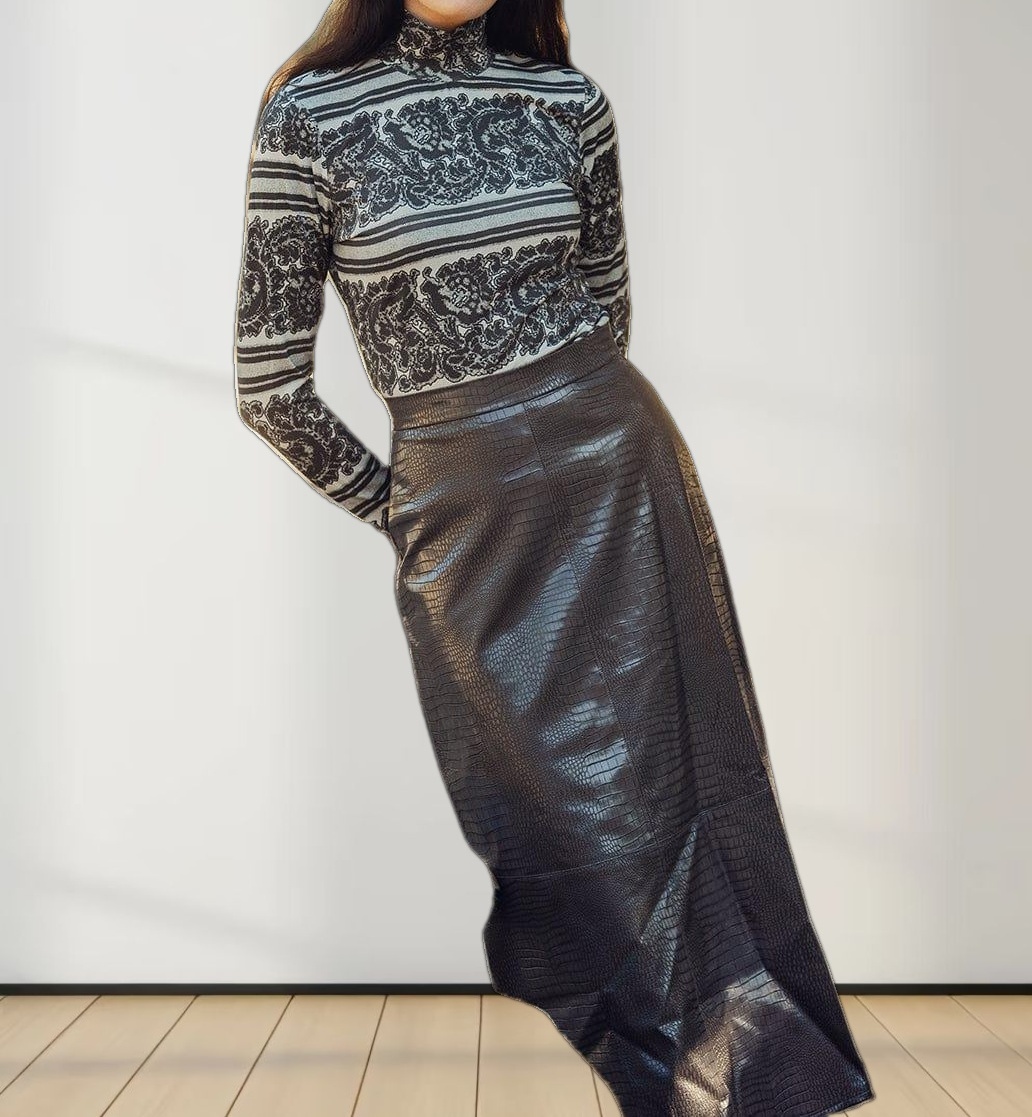 Croc Leather Skirt-Grey