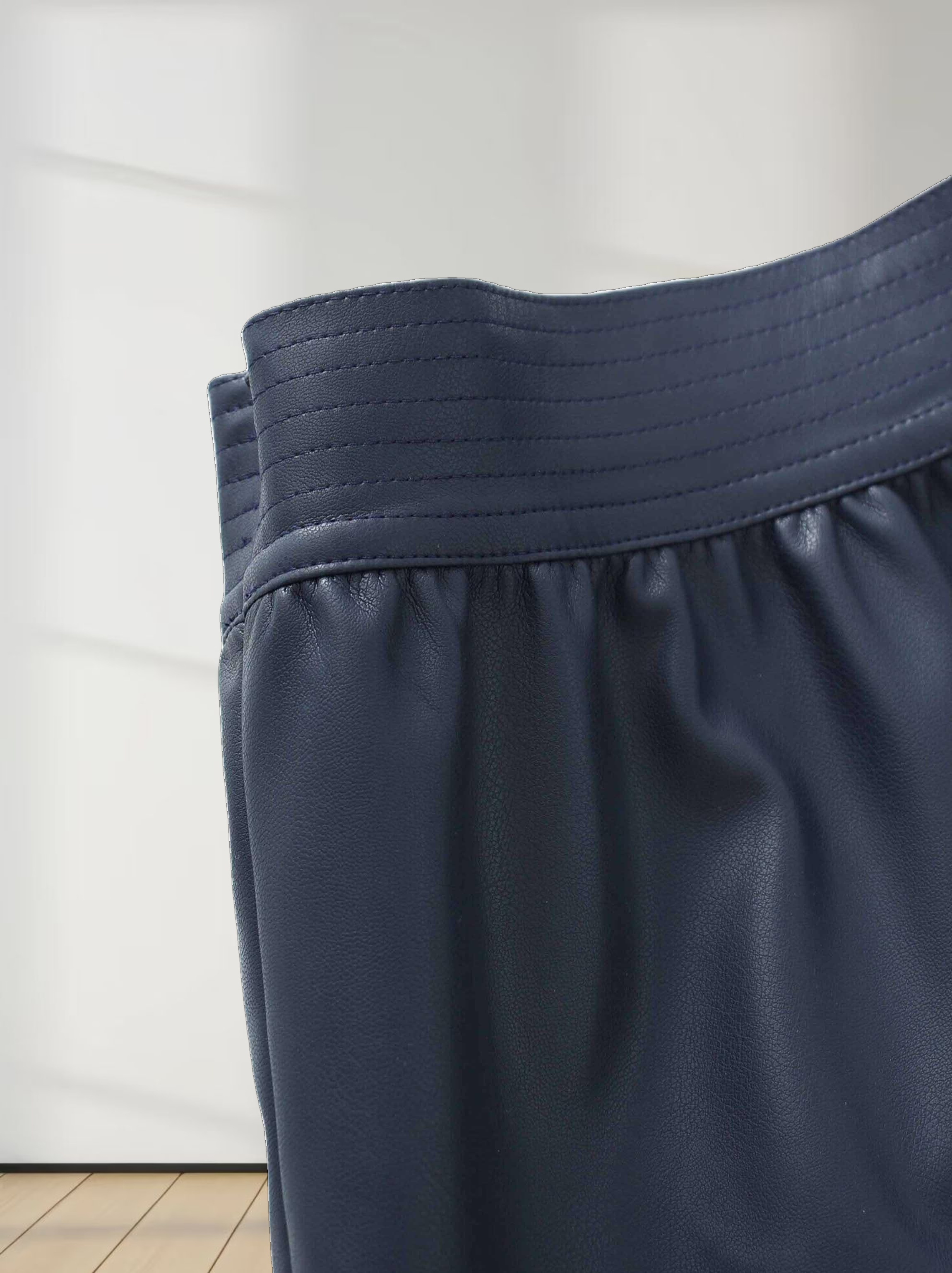 Drop Waist Leather Skirt-Navy