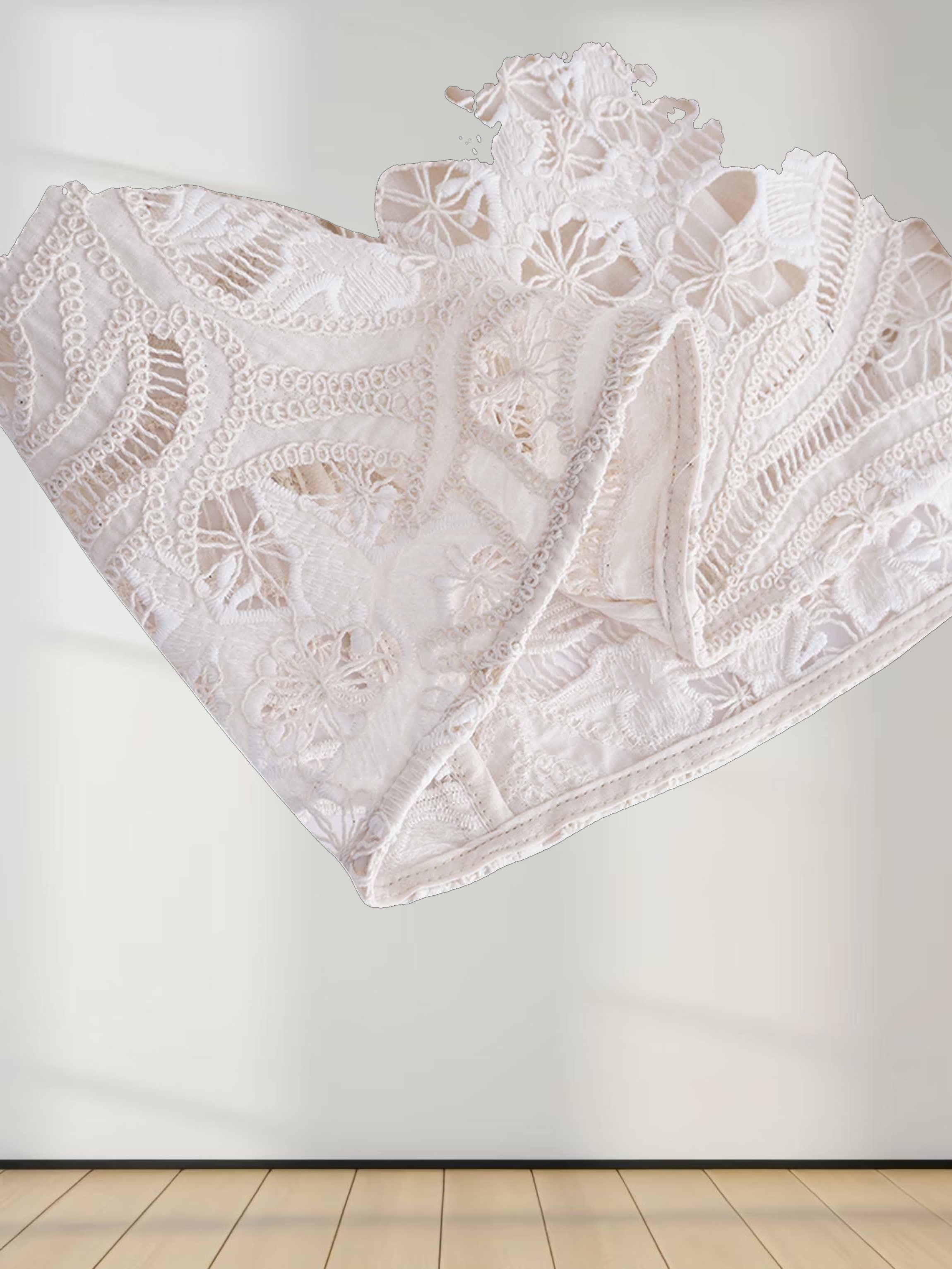 Lace Cutout Princess Style Belted Dress-Cream